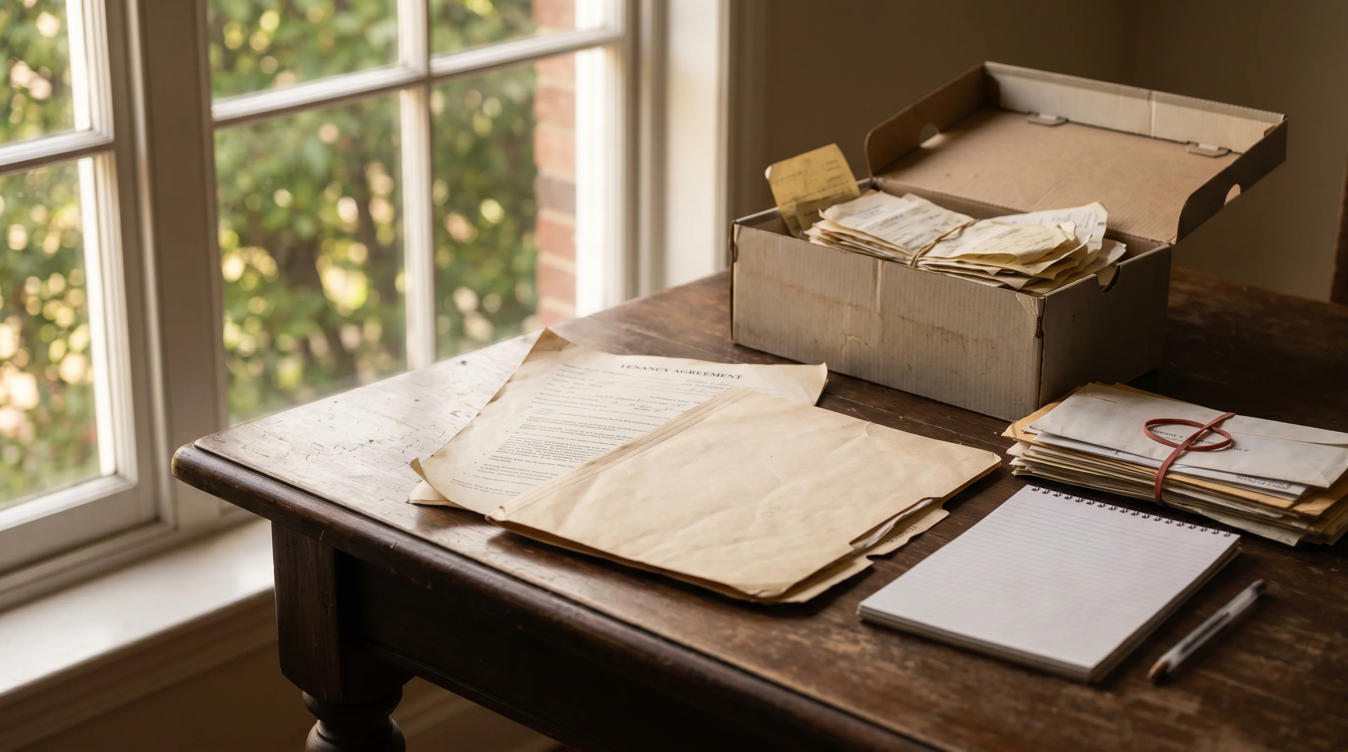 A dining table in soft afternoon window light holding the paperwork of an estate that owns a rental: a worn manila folder with an old tenancy agreement half out of it, an open shoebox of decades-old paper records and receipts, a rubber-banded bundle of bank statements, a plain notebook and a pen.