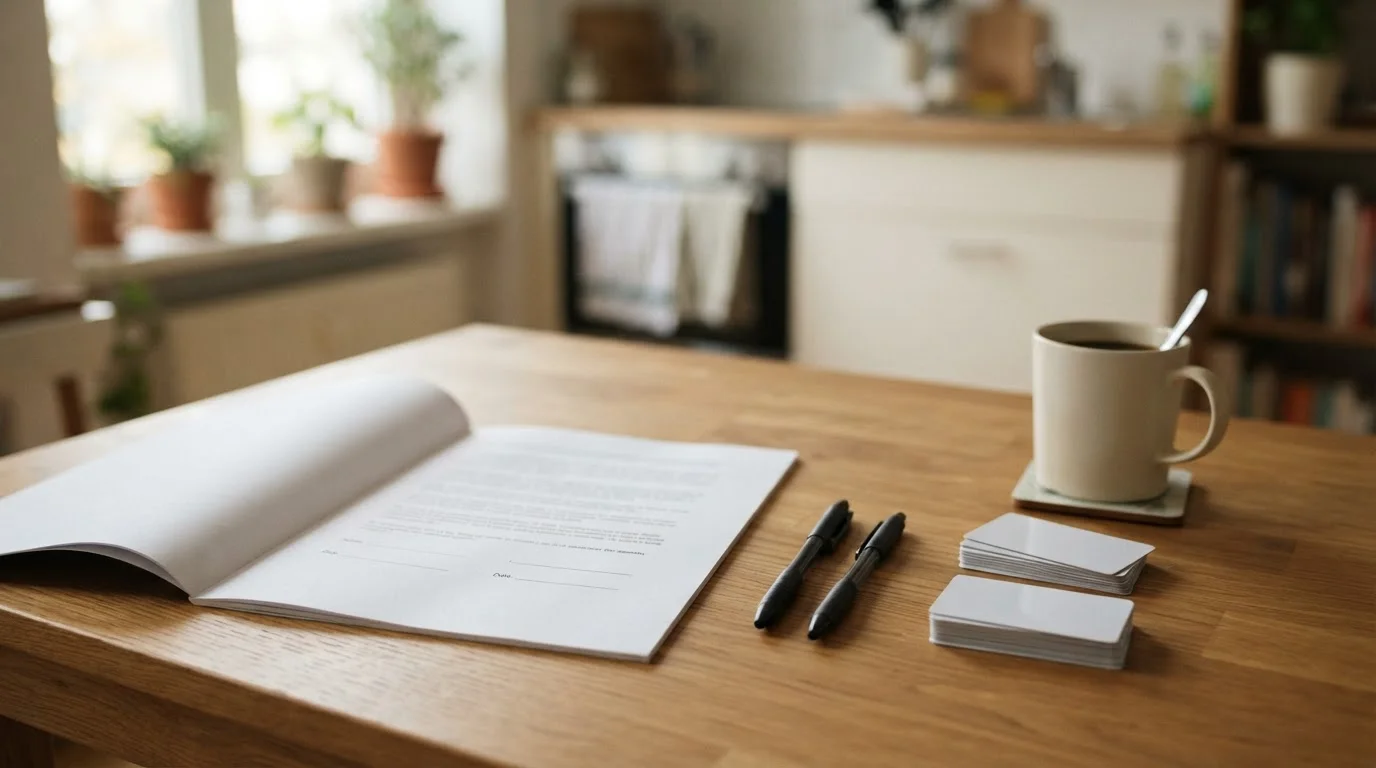 A tidy kitchen-table paperwork scene: an agreement open to the signature page with two pens — an addition being done properly