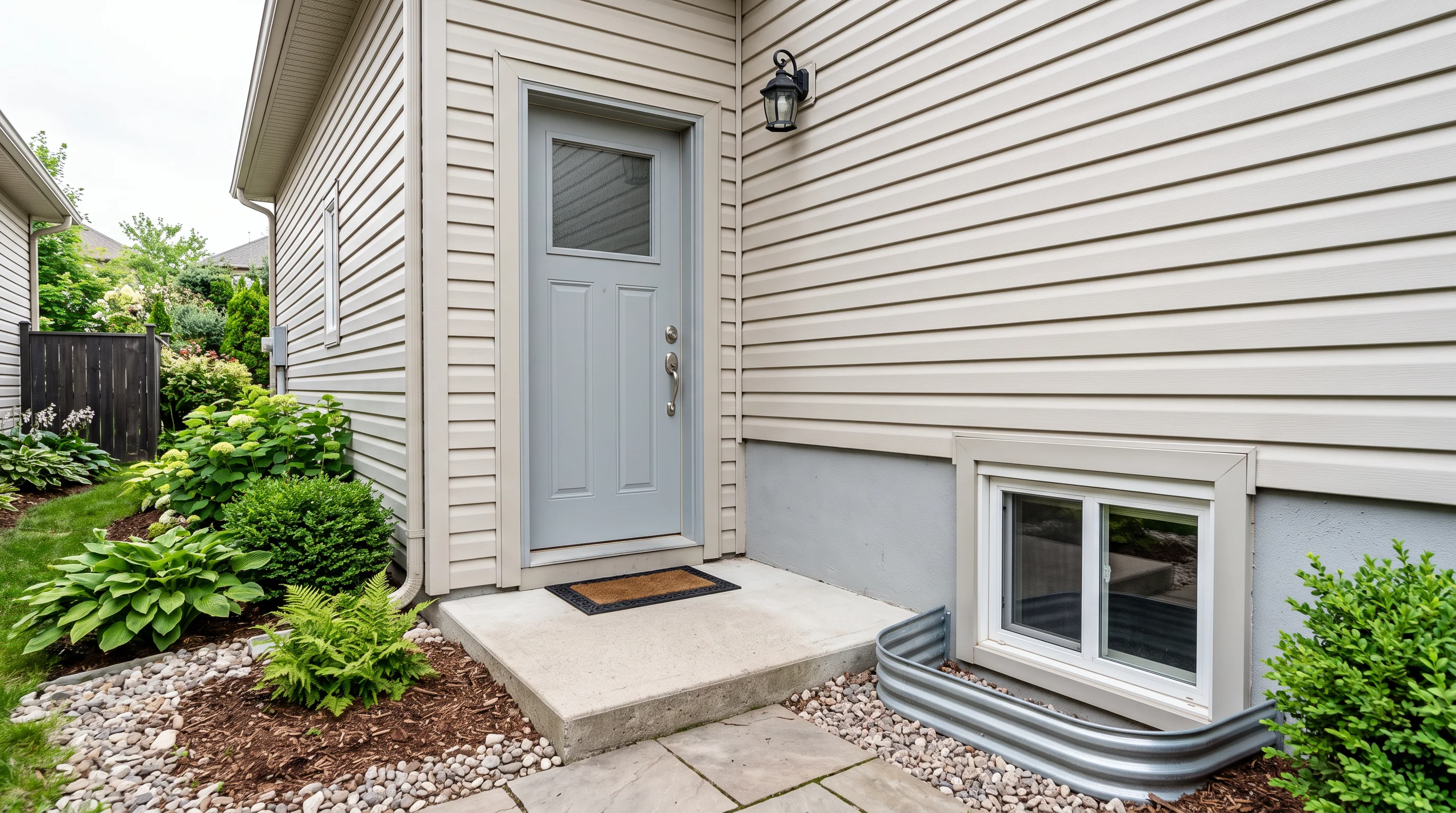 A neat separate side entrance to a house — a clean door with a small concrete landing and a tidy window well beside it in soft daylight