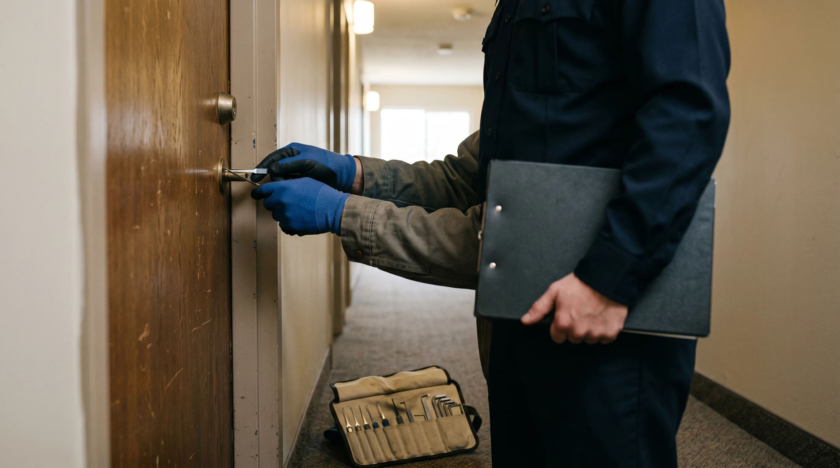 The threshold moment: the locksmith at work with the enforcement officer standing by — locks change in the Sheriff's presence, on enforcement day