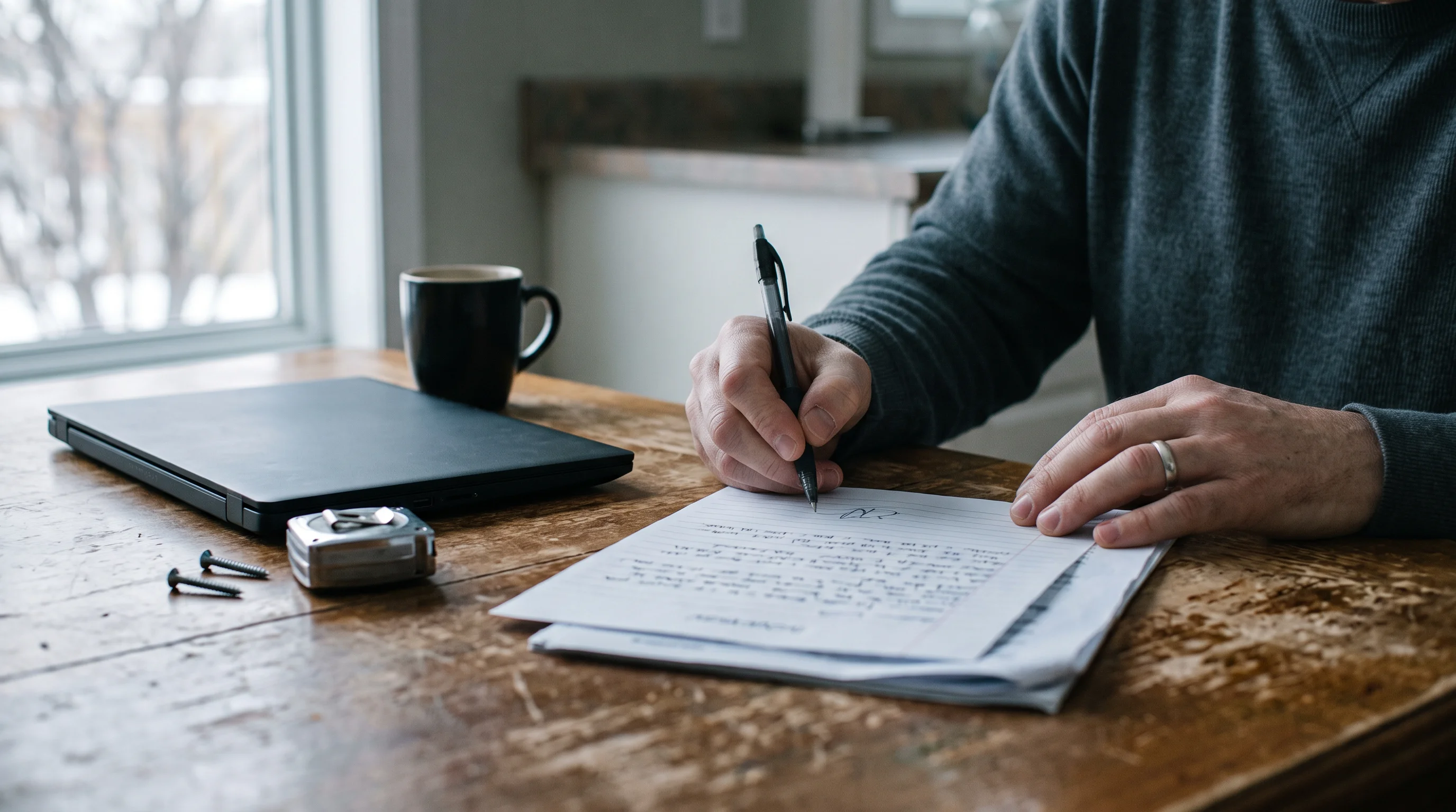 A landlord signs a written notice at a kitchen table in winter.