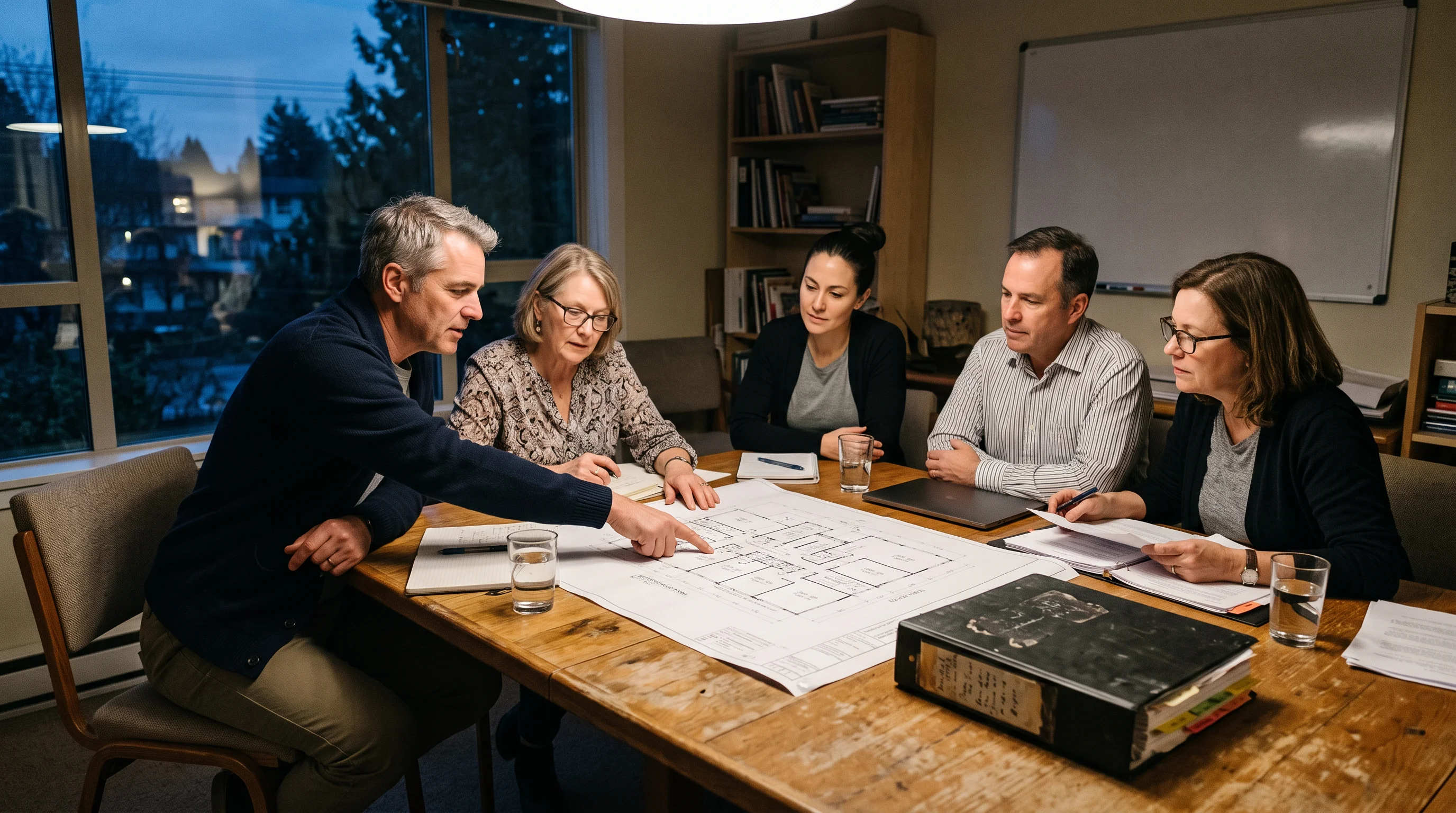 Strata owners review a strata plan around a meeting table.