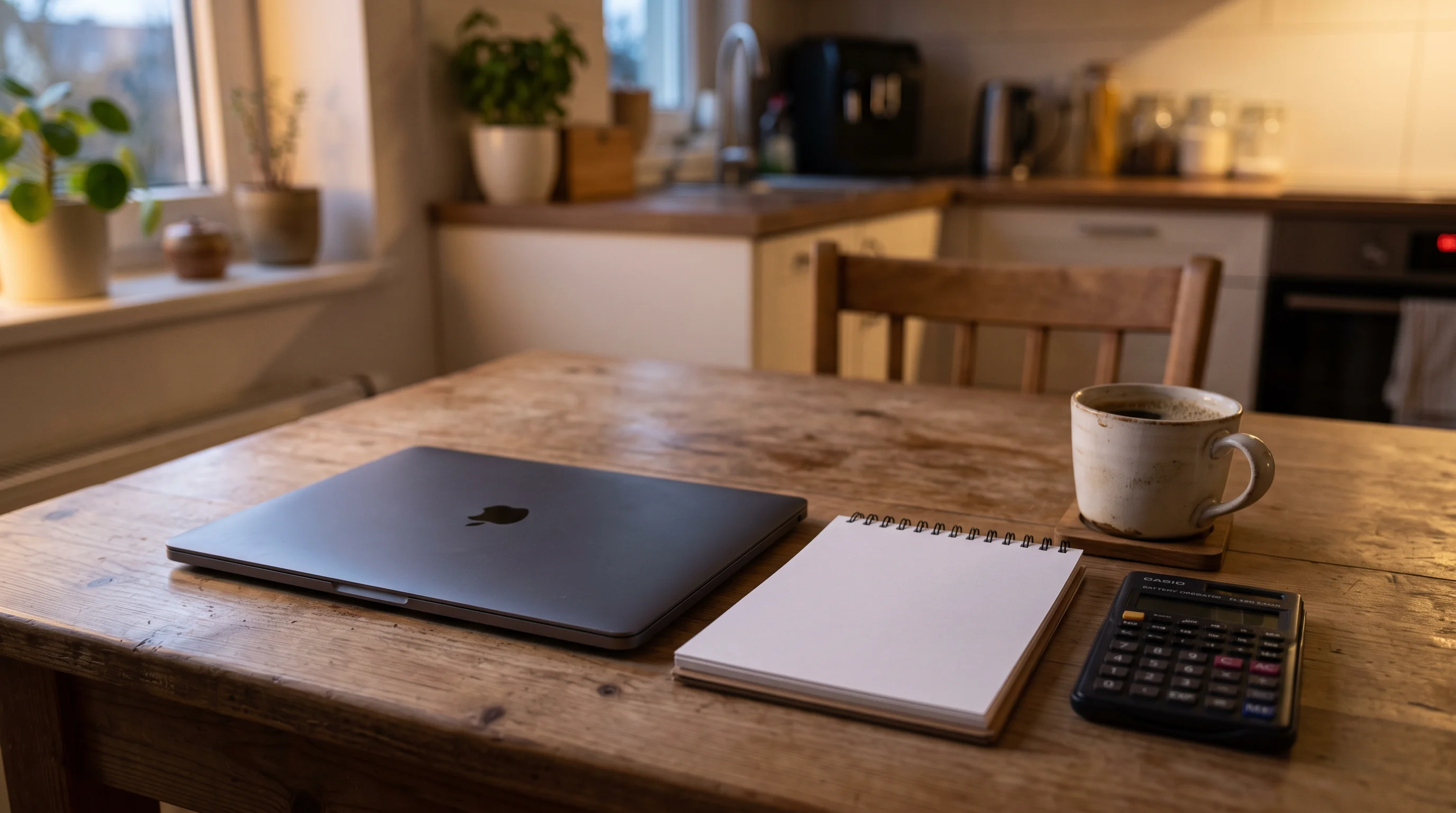 A kitchen table in soft evening light with a closed laptop, a blank notepad, a small calculator with its display off, and a cup of coffee — the rent-math table, at rest