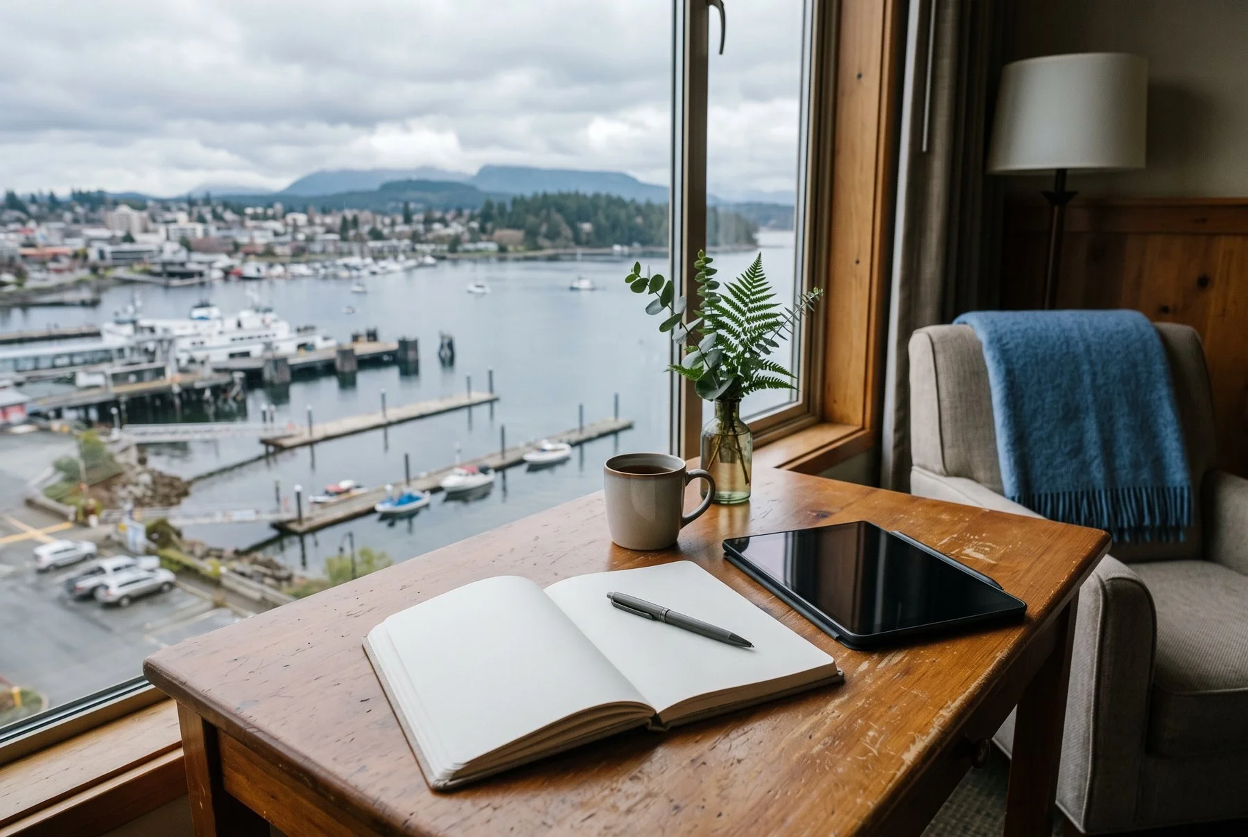 A desk with a notebook, pen and tablet in a Nanaimo waterfront suite on an overcast day