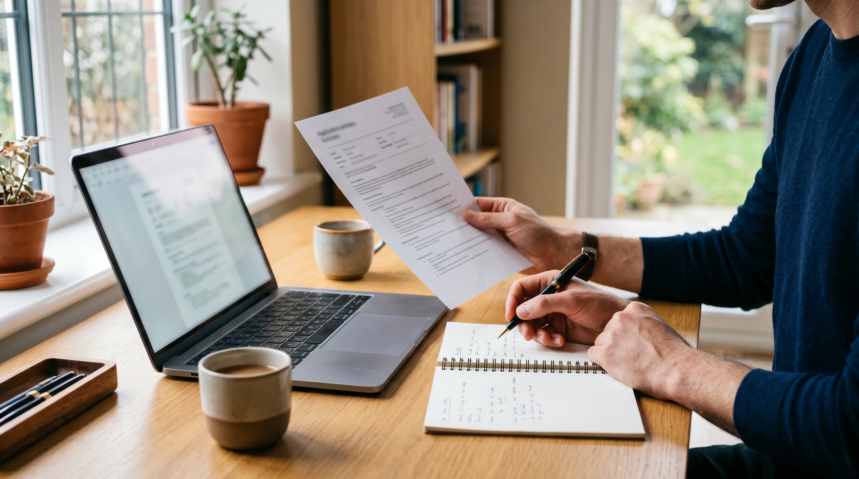 The human review moment: hands holding a printed application summary beside a laptop — the decision the software prepared but does not make