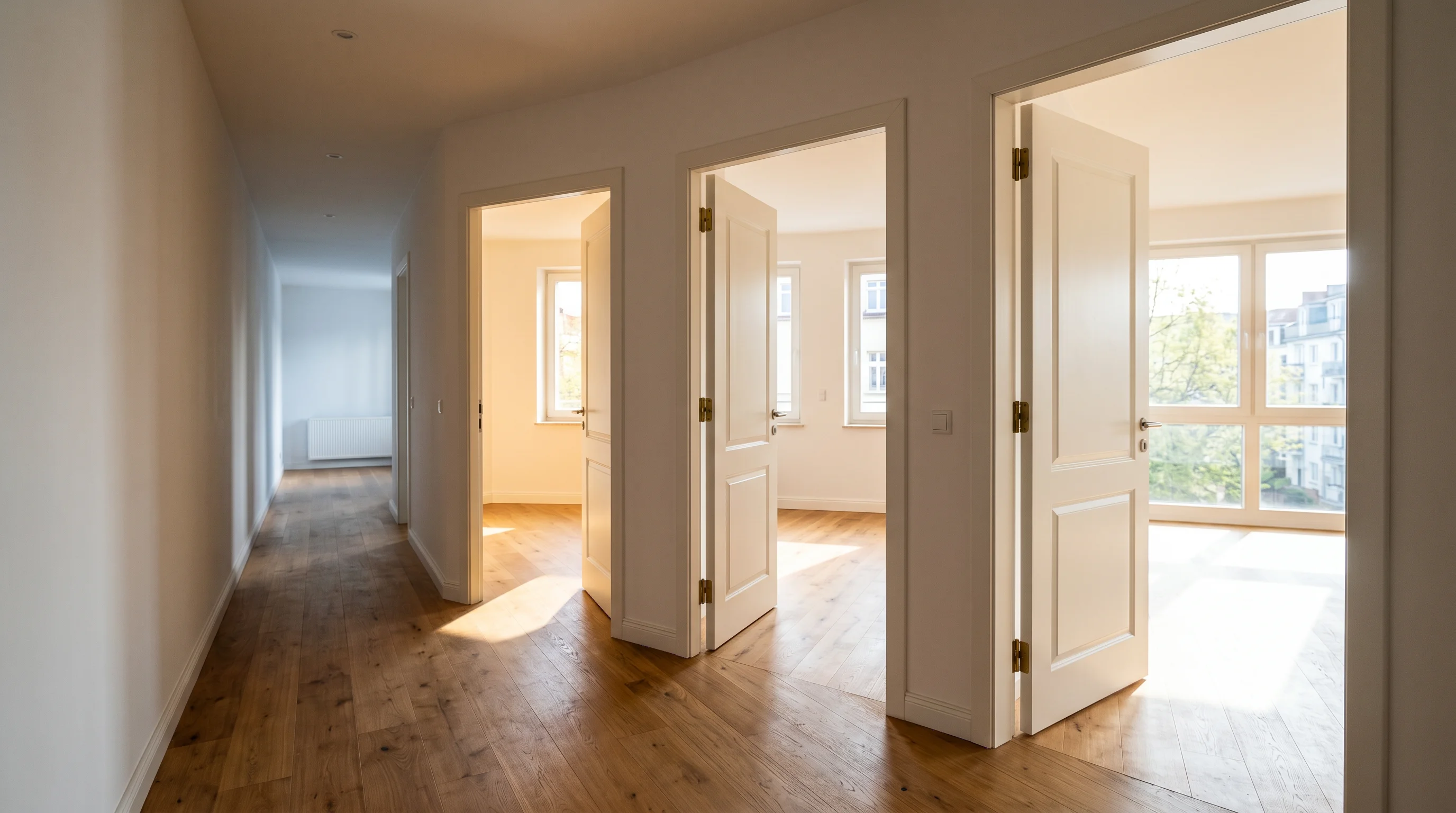 Three open doors along a bright apartment hallway revealing differently sized rooms — the bedroom-count ladder in physical form