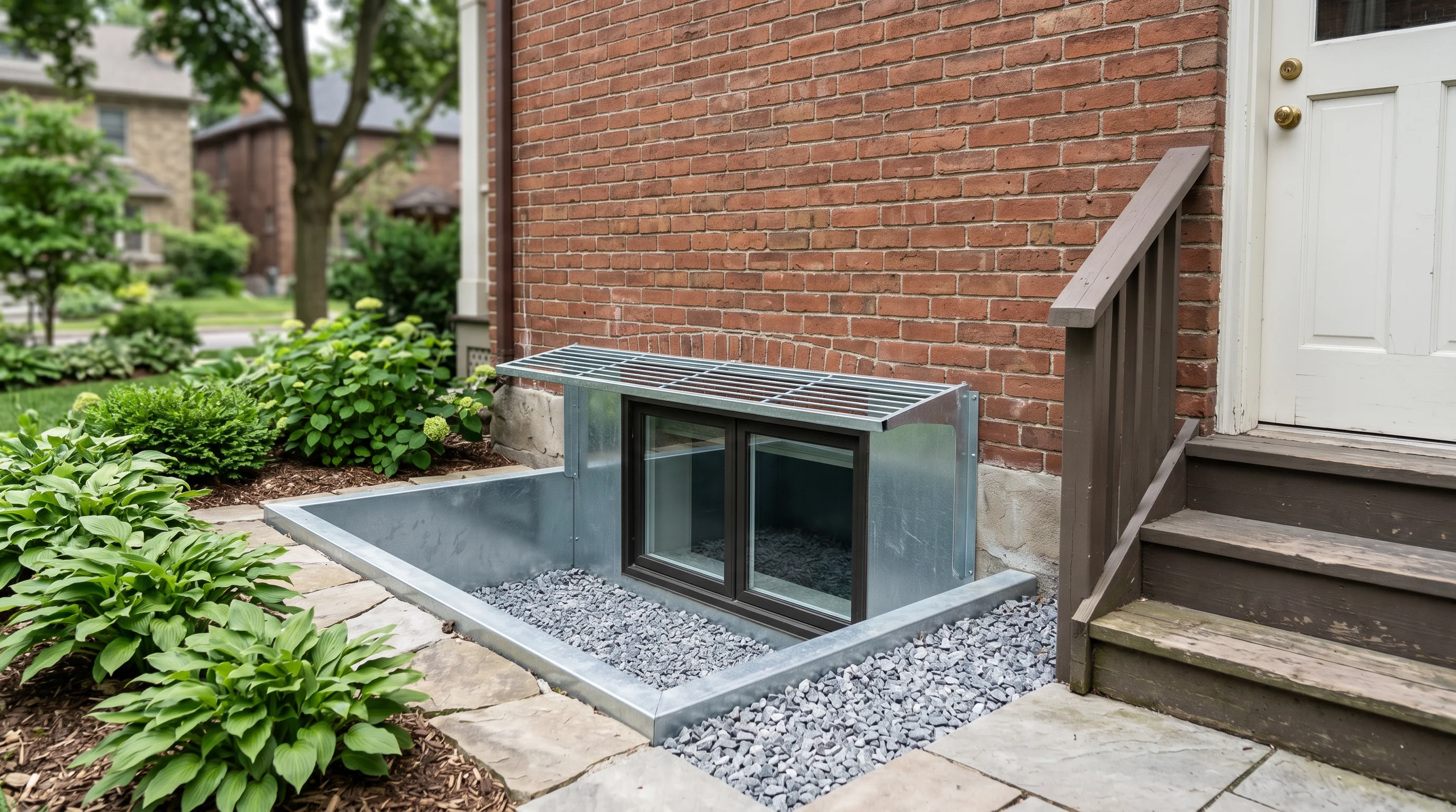 A tidy exterior below-grade window well against an older brick foundation wall, with a clean gravel base and a proper egress-sized window, and a few steps of a modest separate side entrance visible at a gentle angle in calm even daylight.