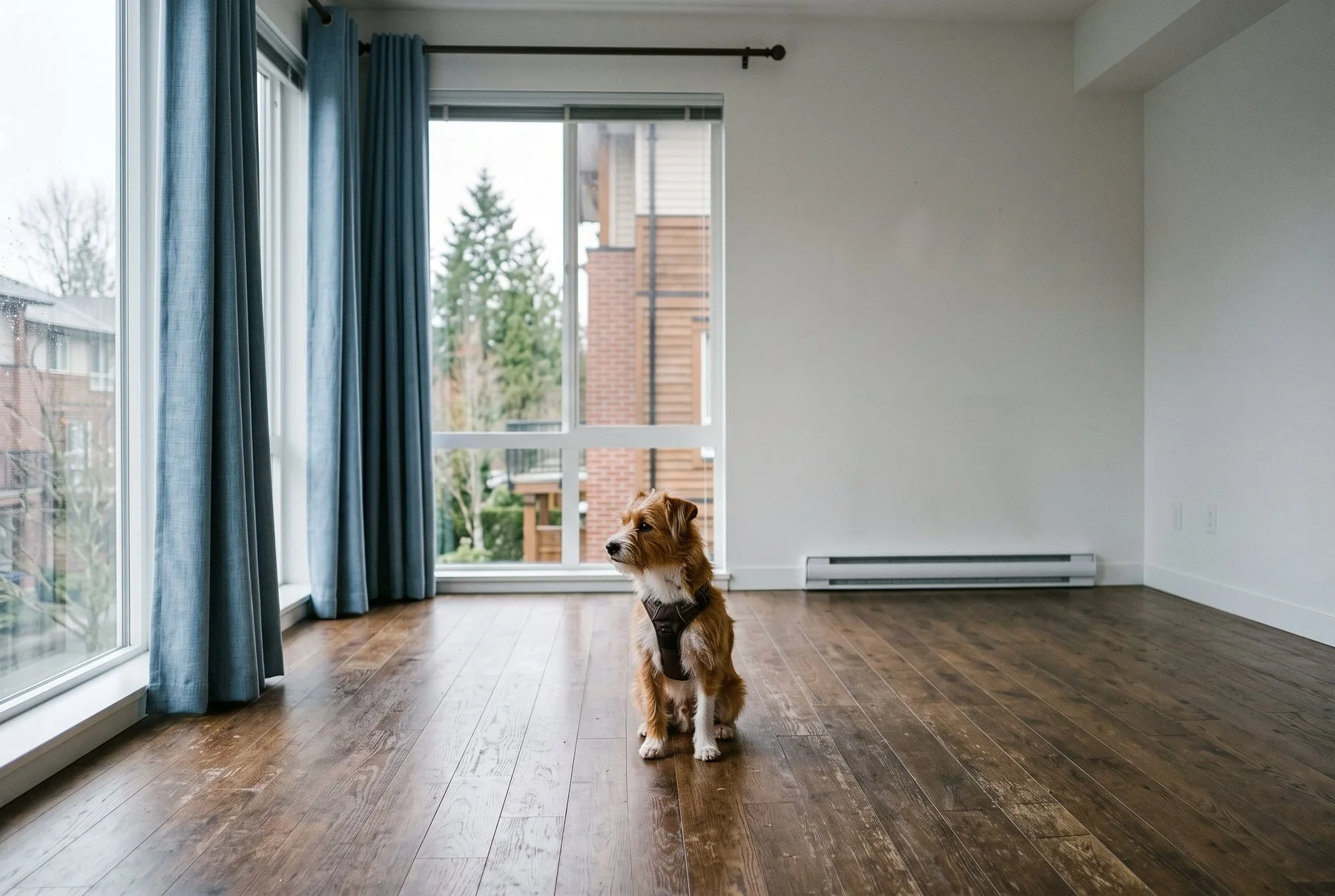 A small dog sitting in an empty, bright apartment in a Surrey townhouse in soft overcast window light