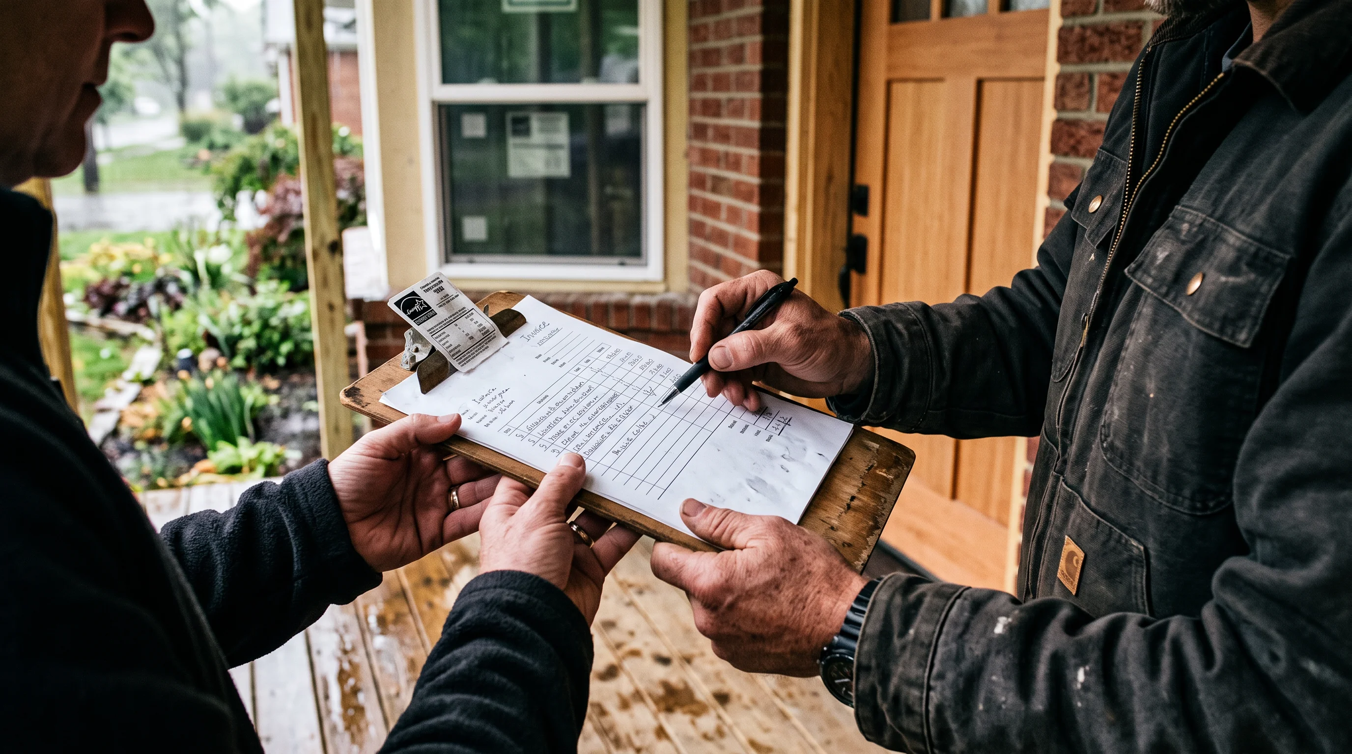 A contractor and homeowner review an itemized window invoice on a porch.