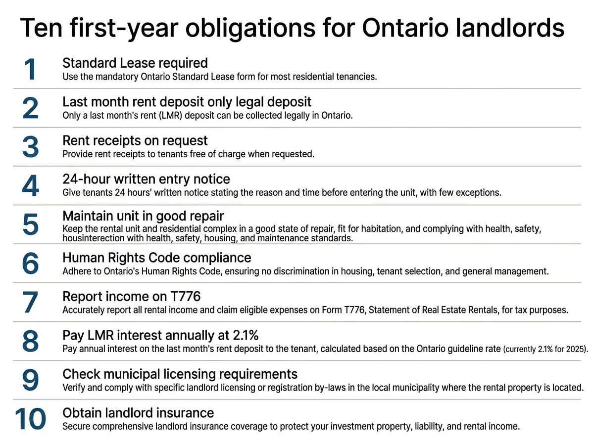 Vertical infographic titled Ten first-year obligations for Ontario landlords listing Standard Lease, last month rent deposit, rent receipts, entry rules, maintenance, Human Rights Code, T776, LMR interest, municipal licensing, and insurance