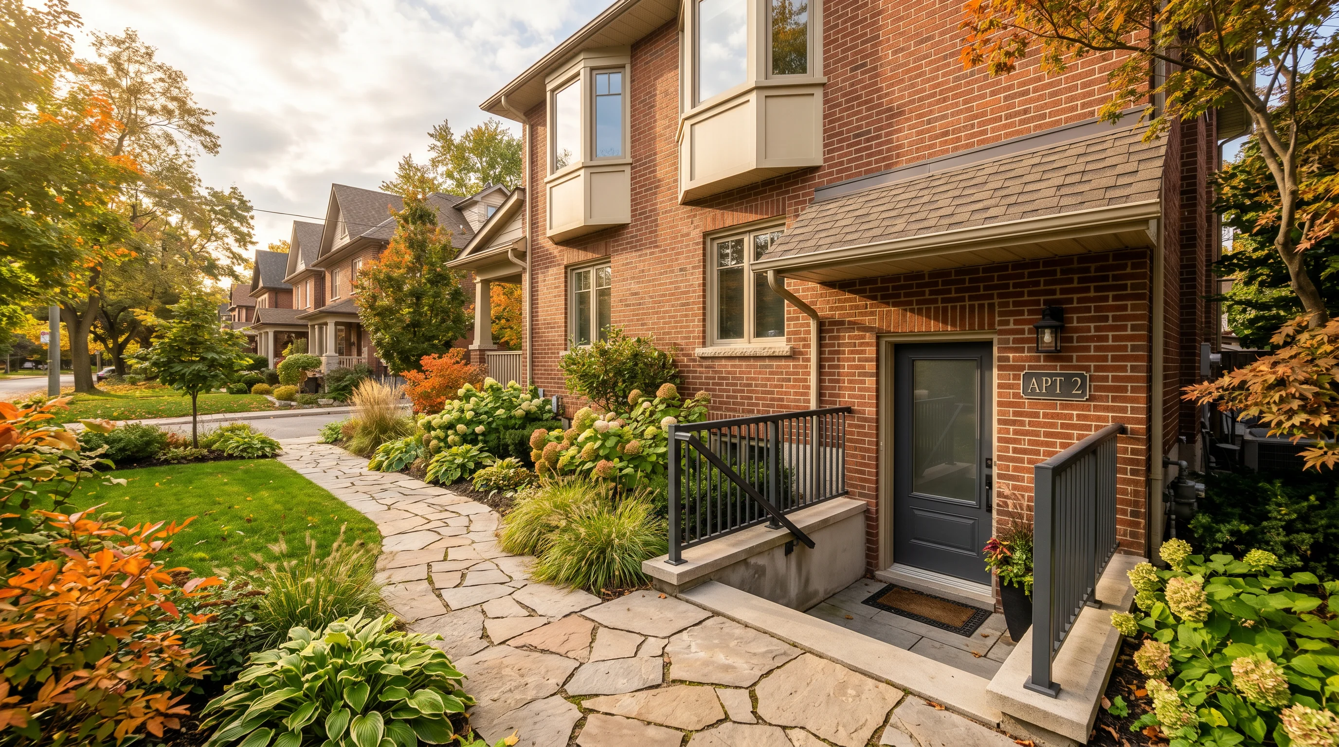 Wide editorial photograph of a legal Toronto basement apartment entrance exterior with a separate side-entry door, walkway, and visible suite number