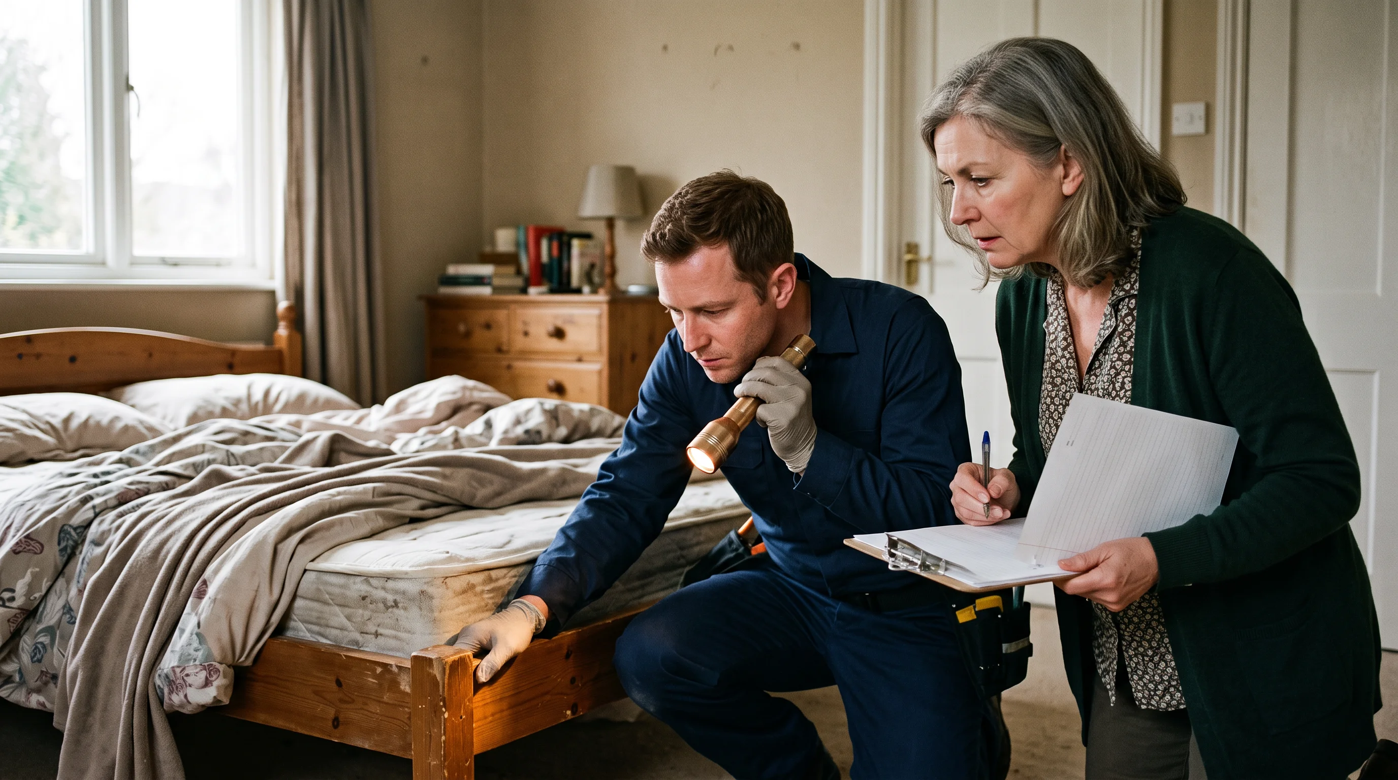 A pest technician inspects a bed frame while the landlord takes notes.