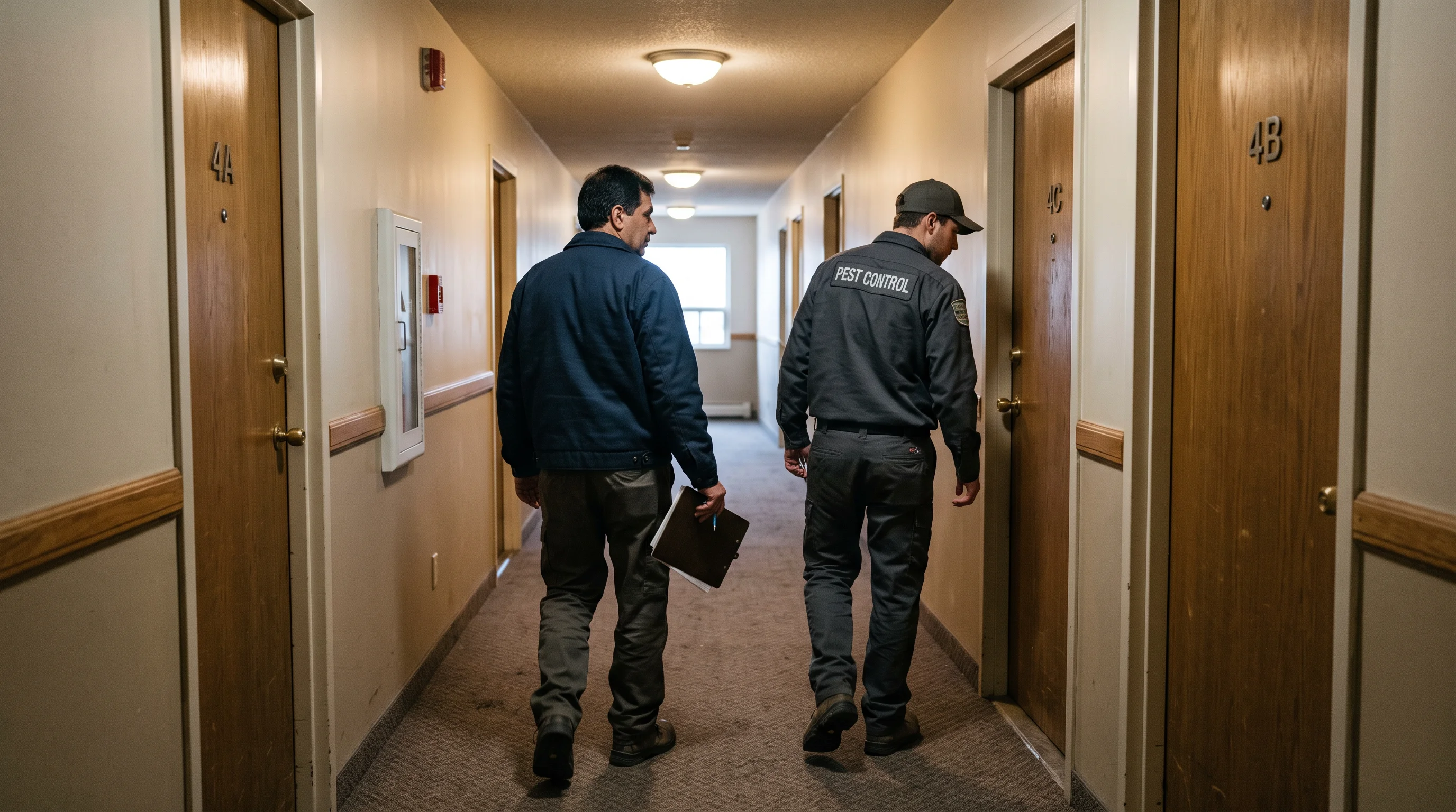 A superintendent and pest technician walk an apartment corridor checking neighbouring units.