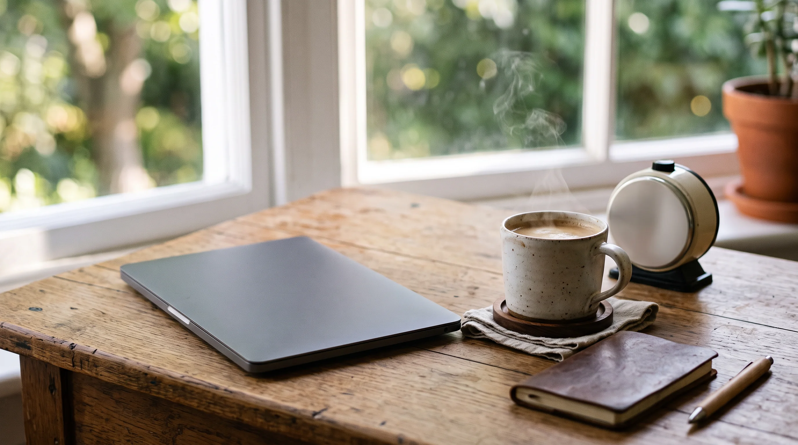 A closed laptop, a cup of coffee, and a small kitchen timer on a warm wooden desk in soft morning light — the thirty minutes, kept honest