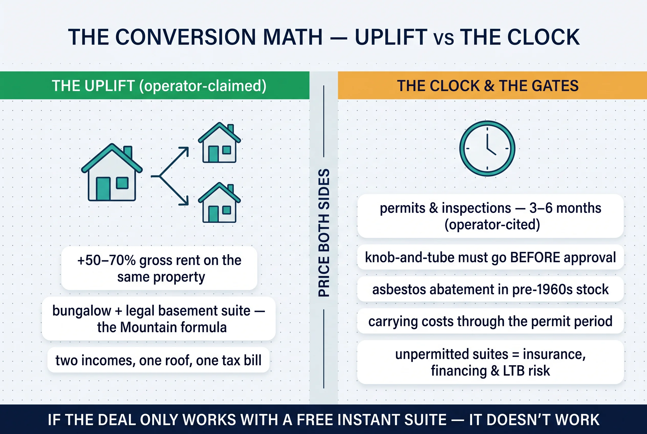 The conversion math: the operator-claimed 50–70% gross rent uplift on the left against the clock and the gates — permits, knob-and-tube, asbestos, carrying costs — on the right