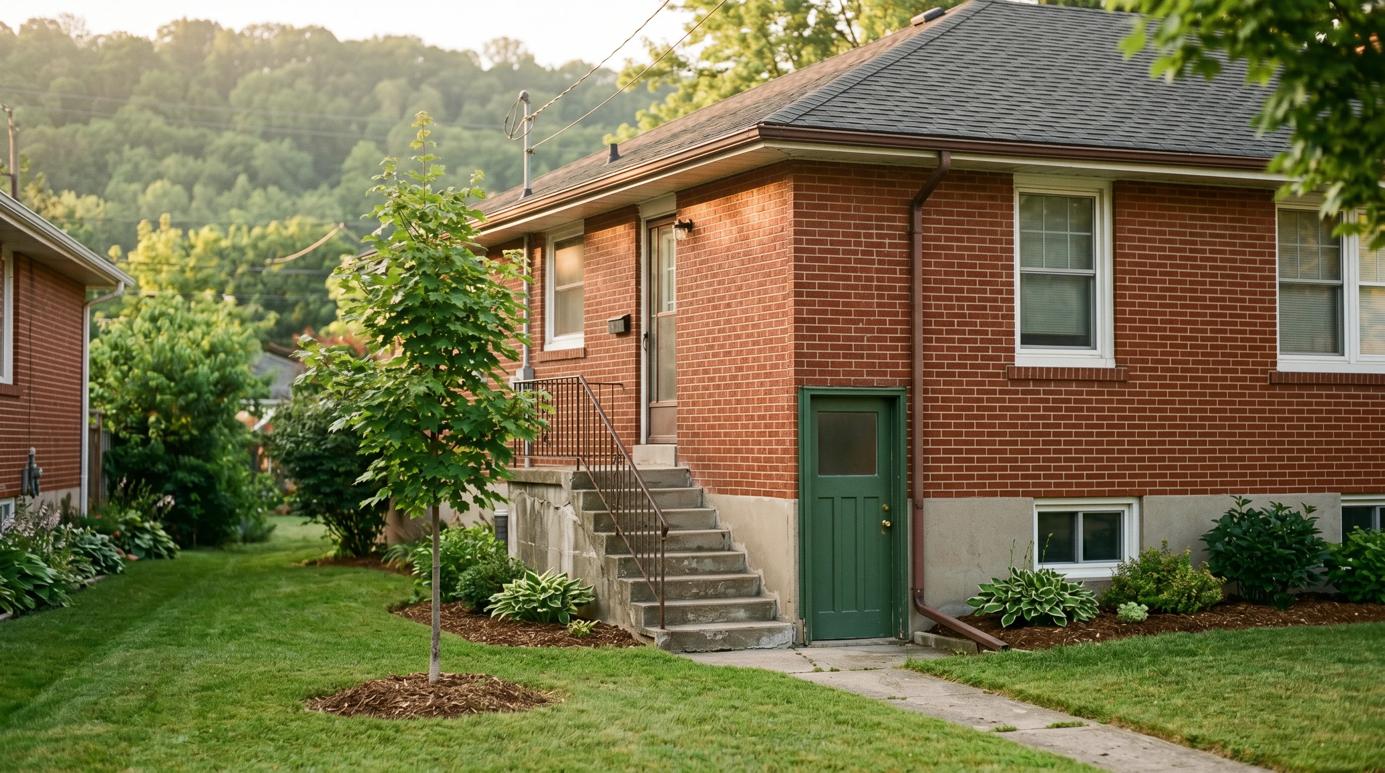 The classic Mountain two-unit formula: a red-brick 1950s bungalow with a separate side entrance down to a basement suite, escarpment greenery behind