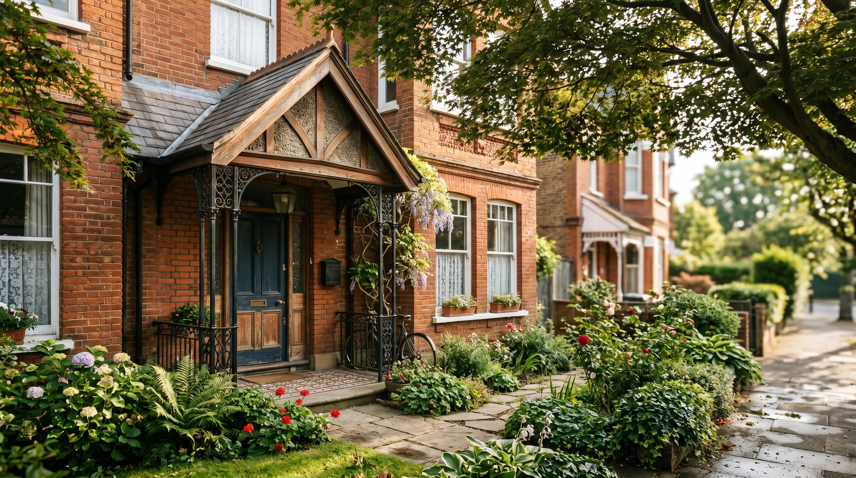 A grand red-brick Old North Victorian home with a deep covered porch and mature maple canopy — the characterful heritage stock near Western University