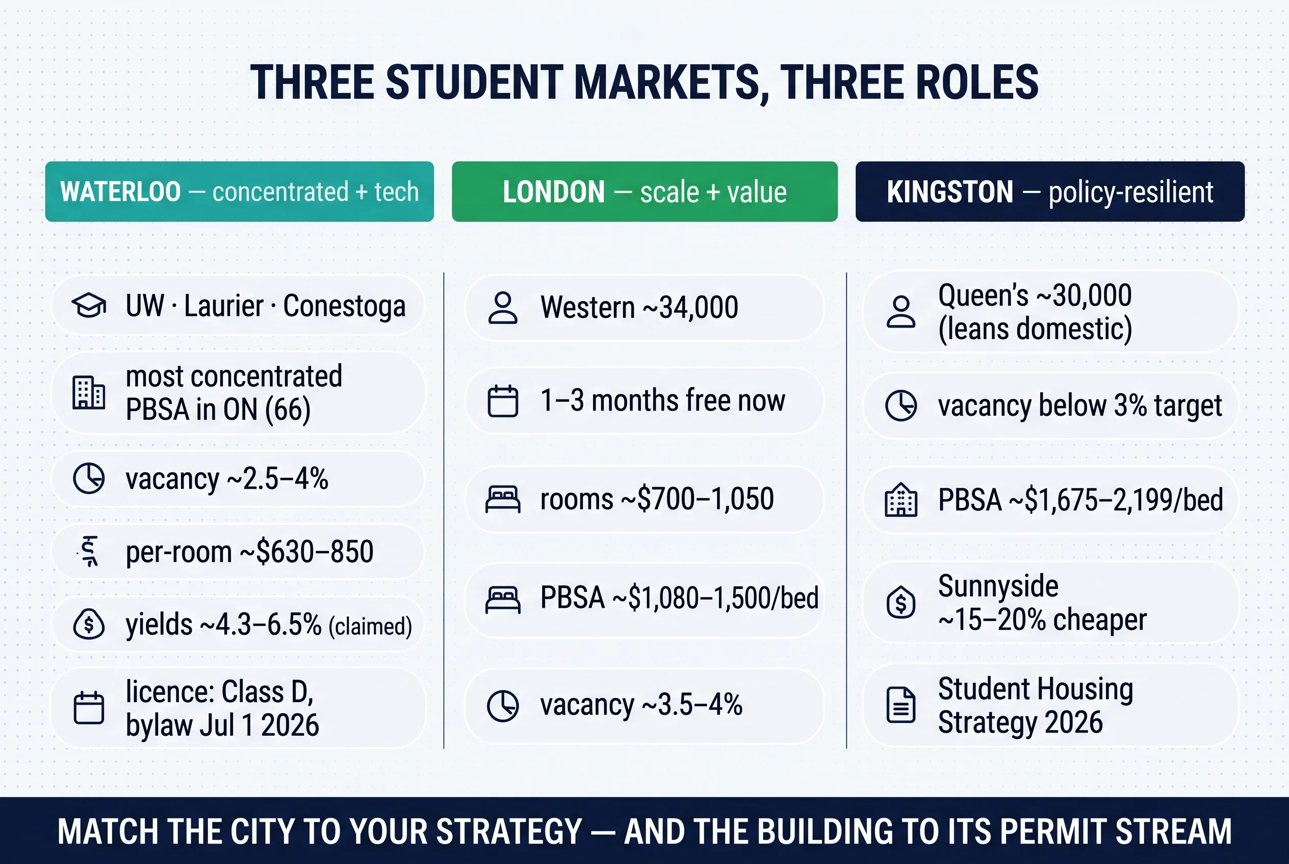 Three student markets, three roles: Waterloo (concentrated + tech), London (scale + value), Kingston (policy-resilient) — match the city to your strategy and the building to its permit stream