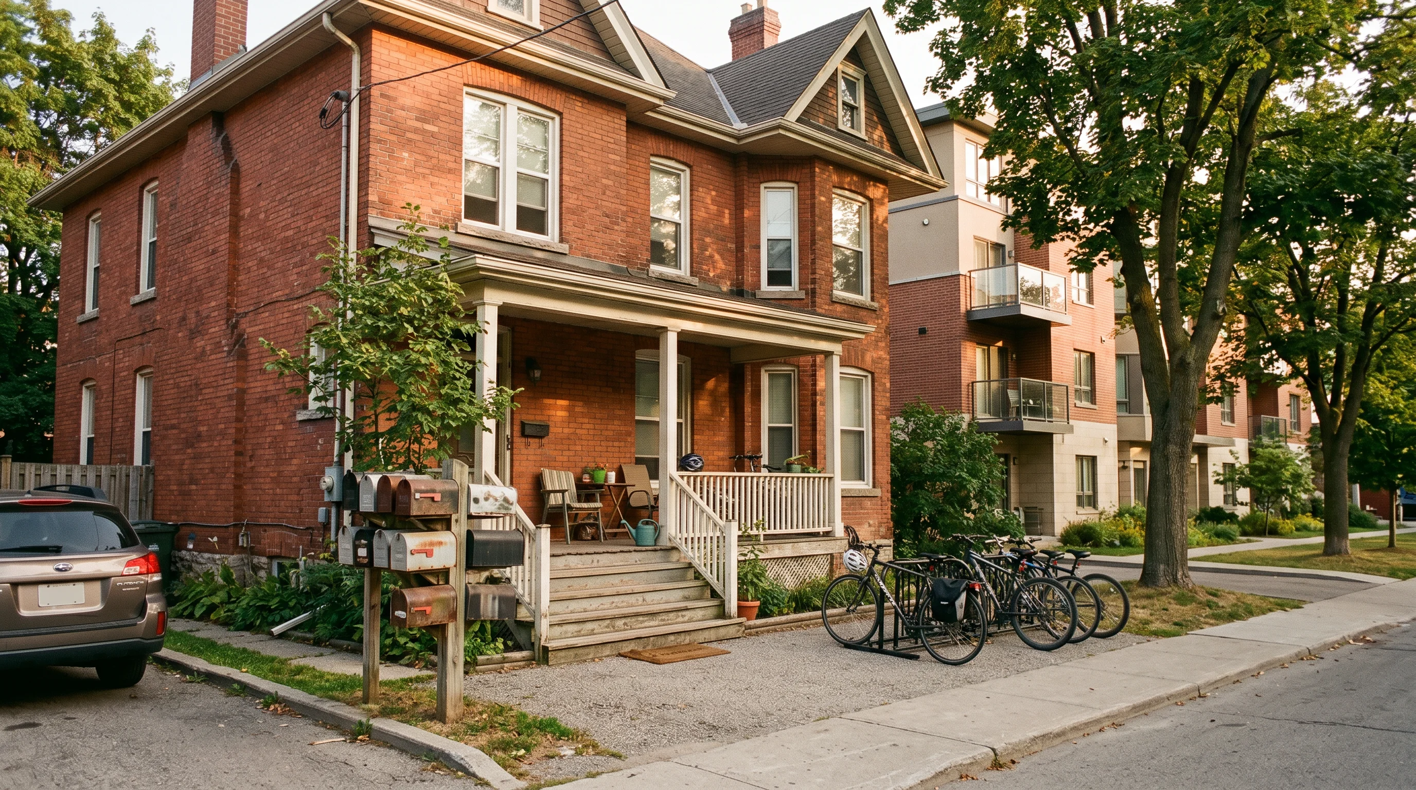 A red-brick century home converted to a multi-room student rental with several mailboxes and a bike rack, beside a modern purpose-built student low-rise