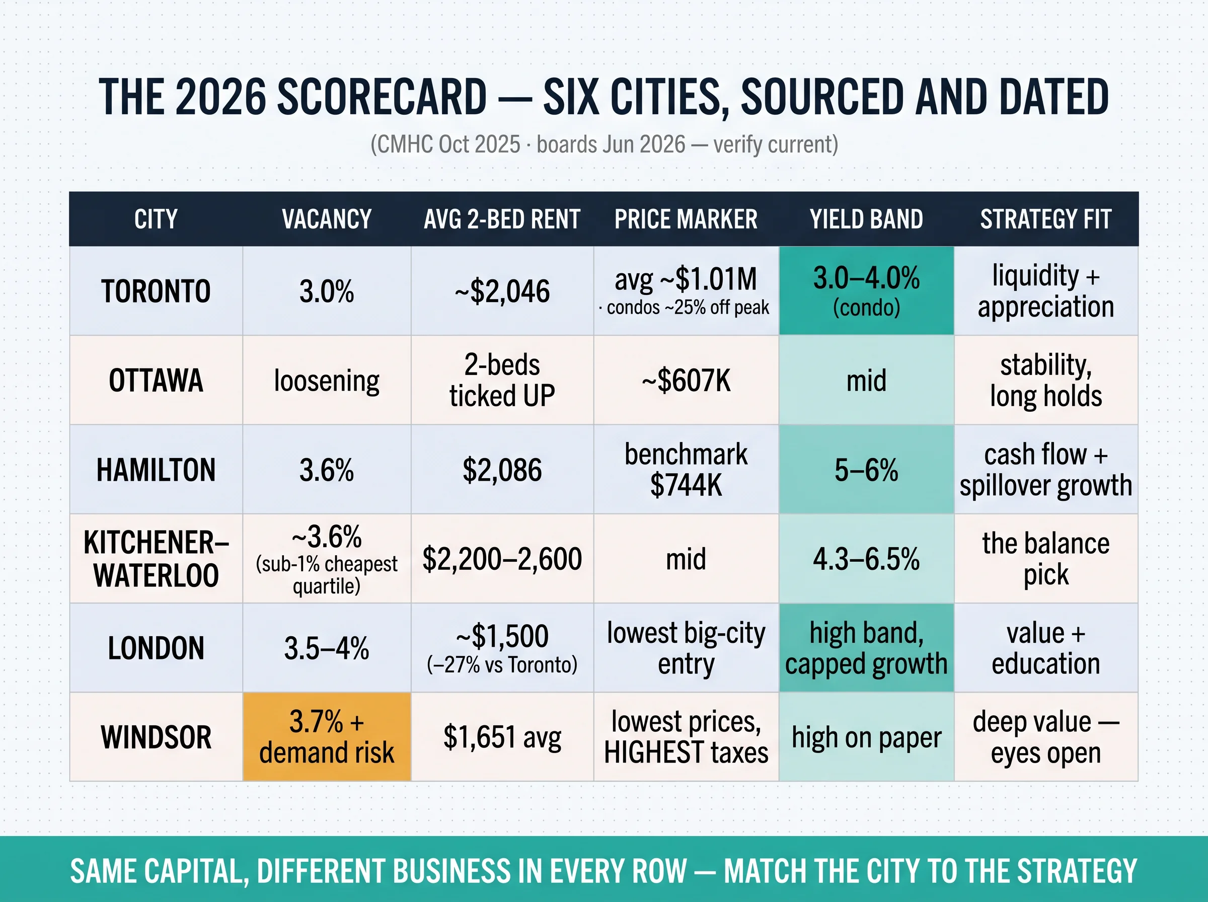 The 2026 scorecard master table: six Ontario cities compared on vacancy, rents, prices, yield bands, and strategy fit — same capital, different business in every row