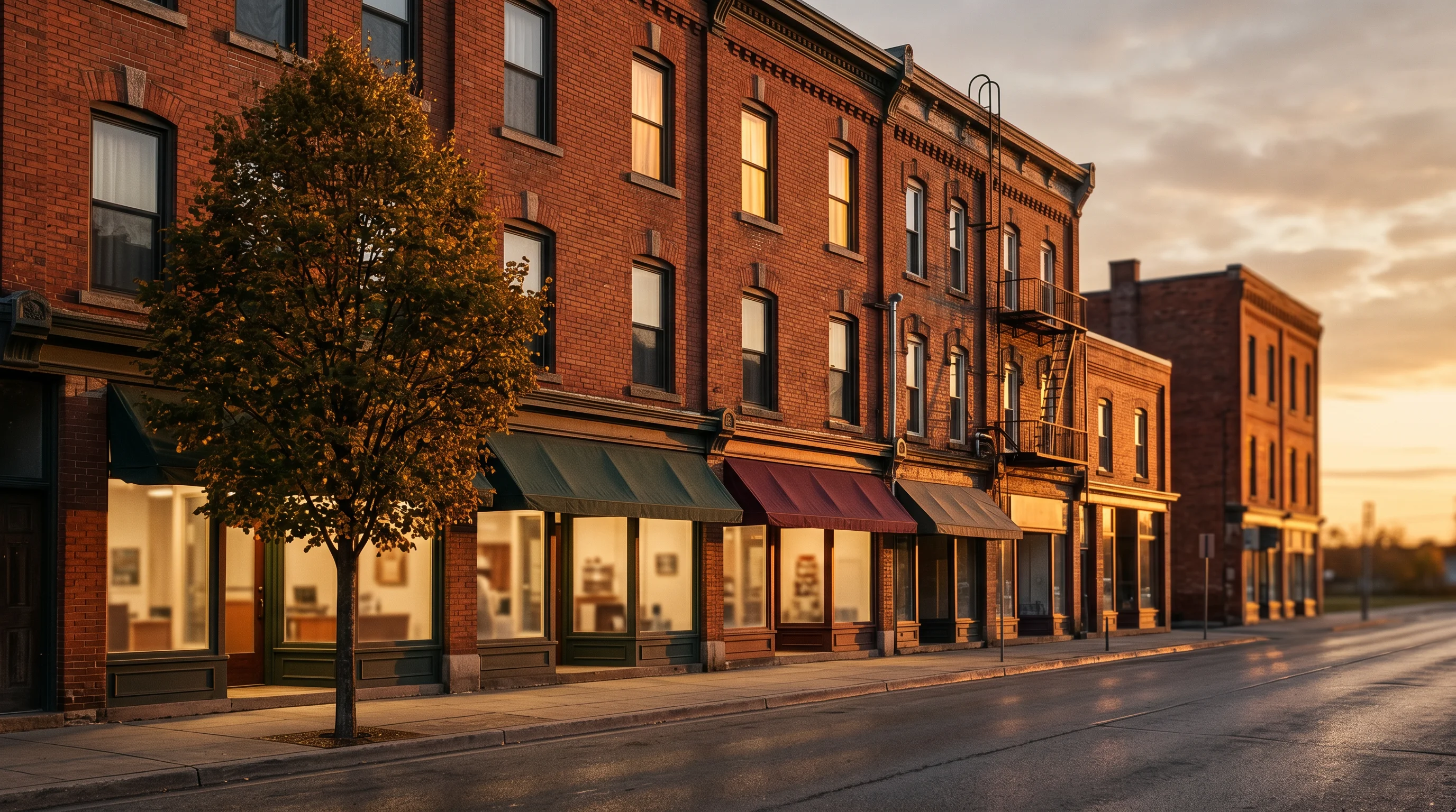A classic mid-size Ontario main street at golden hour — brick buildings with shops below and apartment windows above, the everyday texture of the province's rental markets
