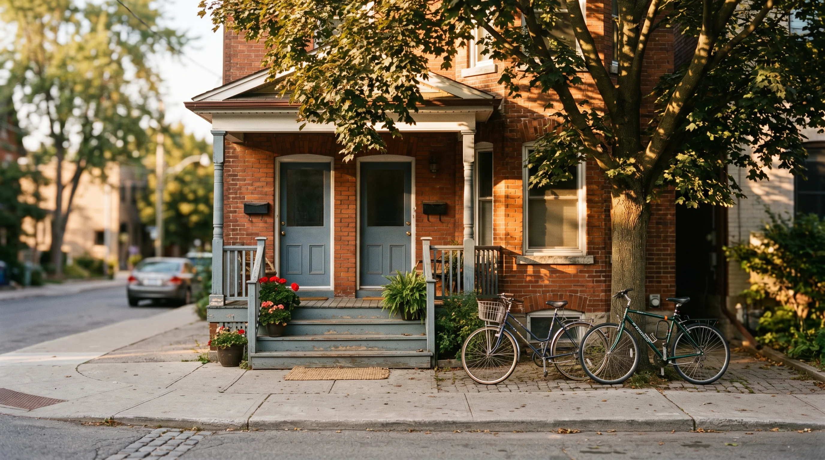 Established Ottawa residential texture: a red-brick duplex with a painted porch, bicycles by the steps, and a walkable corner beyond