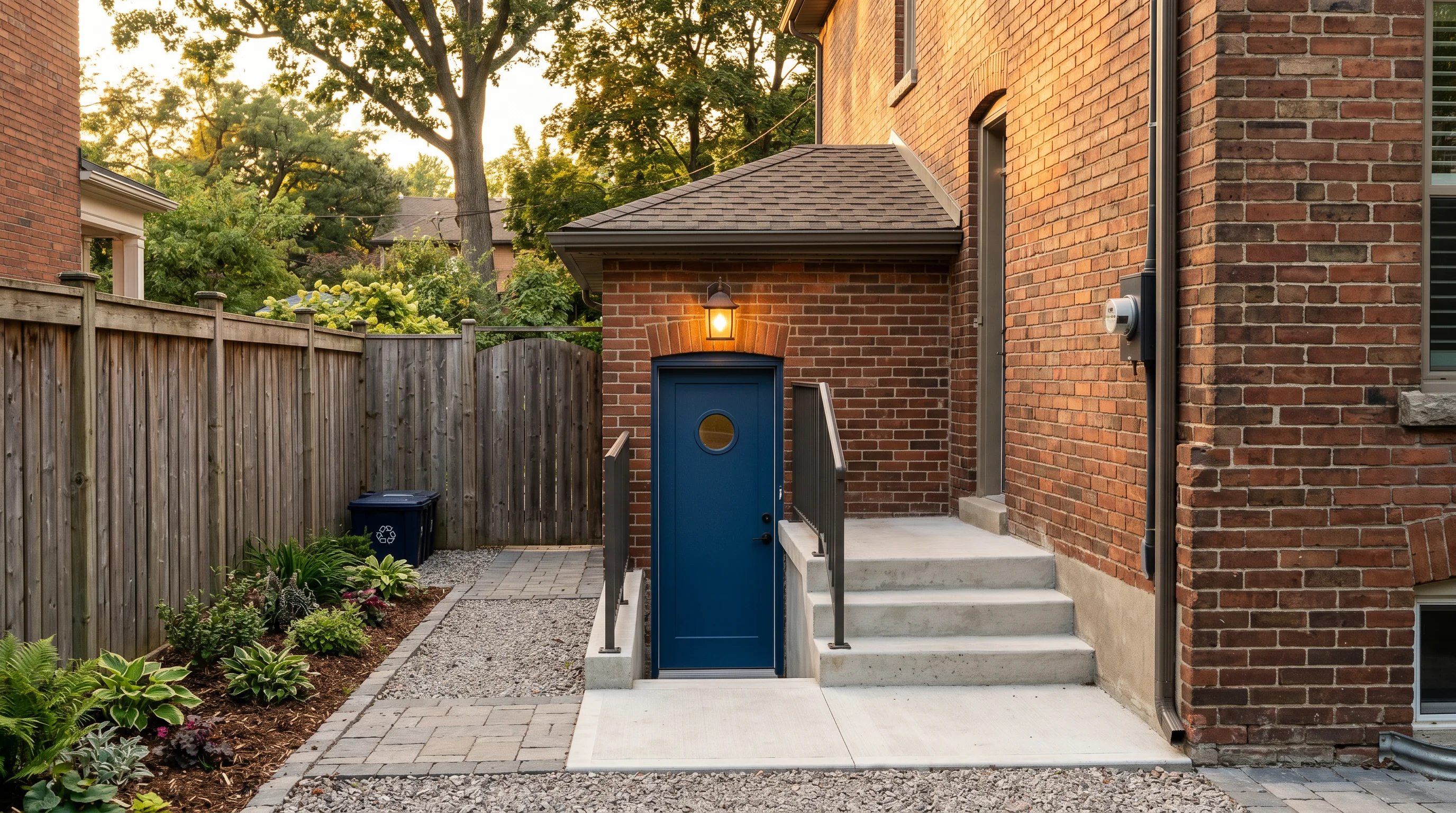 A separate side entrance to a legal basement suite on a classic Toronto brick house — the quiet cash-flow instrument of the detached stock