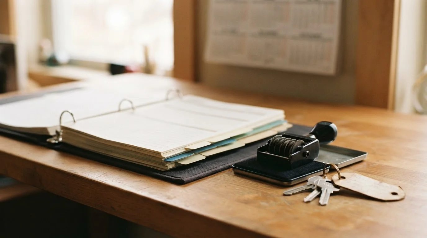 Orderly desk with a tabbed compliance binder, date stamp and apartment keys, representing routine record-keeping as the landlord's best protection