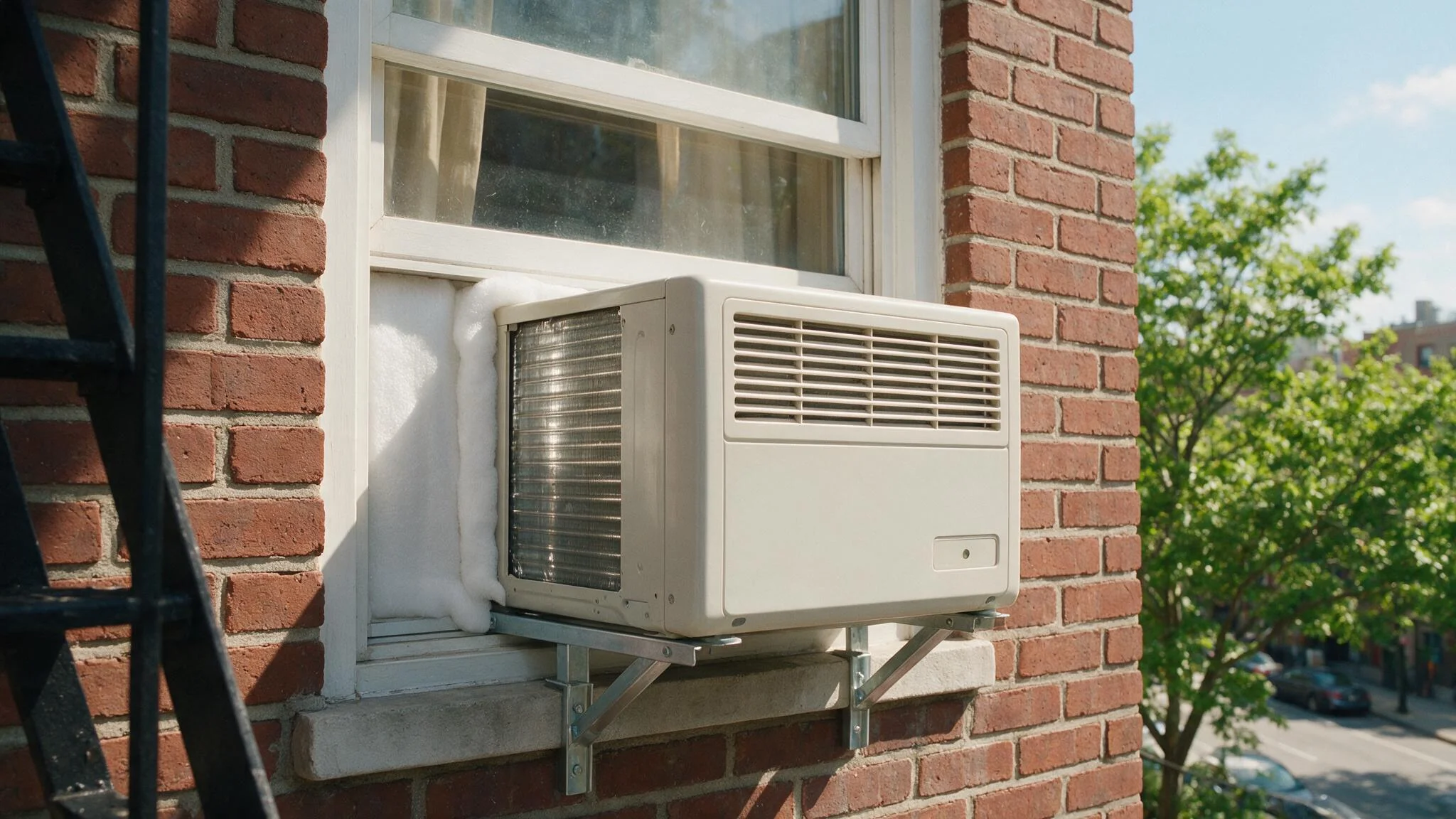 Photo-realistic detail: a window air conditioner neatly and safely installed in the window of a brick apartment building, bright summer light, tidy and secure installation — the first wave's most personal change as an object. Nobody present, no hands. NO TEXT ANYWHERE: no visible brand names, model text, or lettering on the unit or any surface.