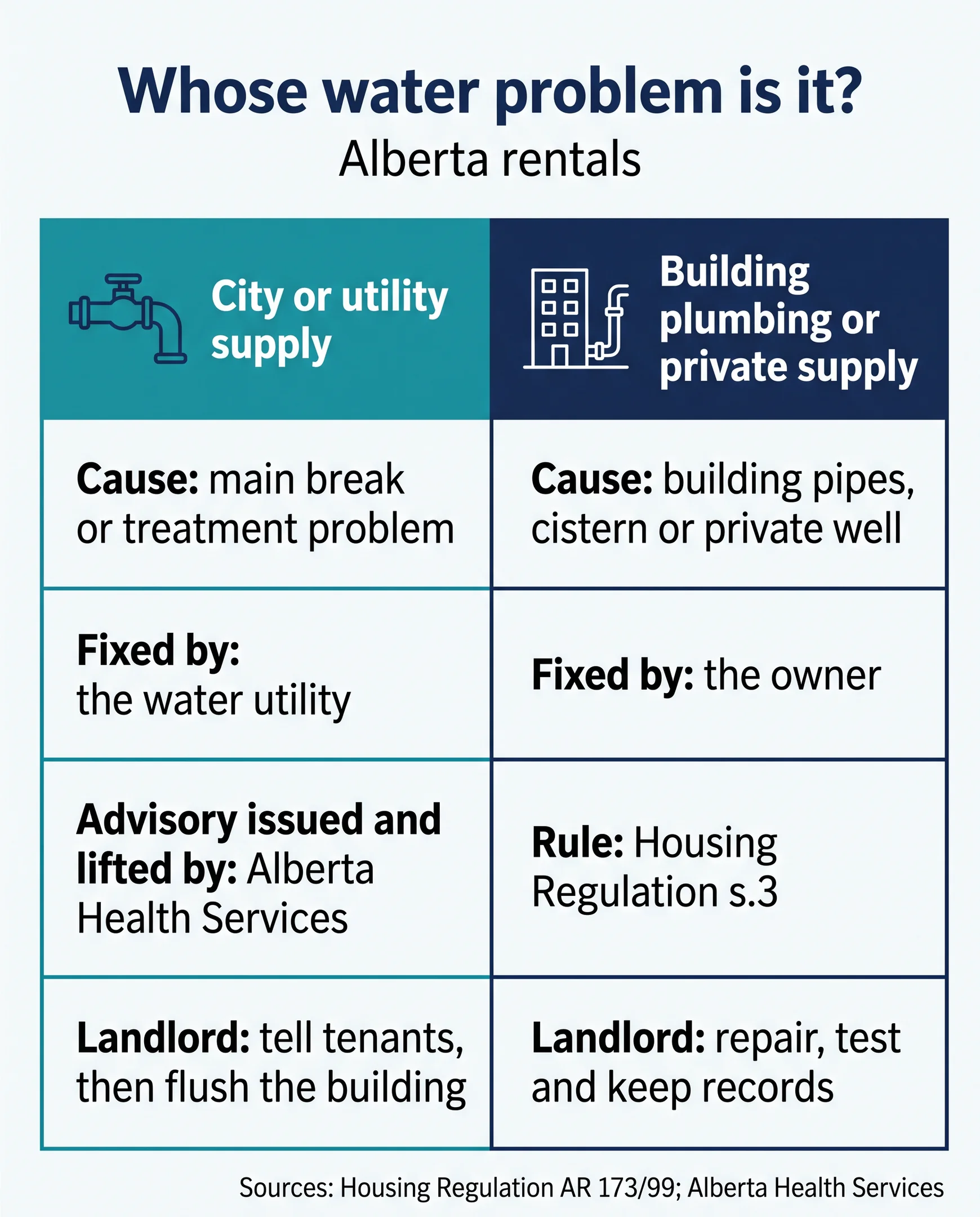 Comparison infographic: a city or utility supply problem is fixed by the water utility and the advisory is issued and lifted by Alberta Health Services, while a building plumbing, cistern or private well problem is fixed by the owner under Housing Regulation s.3