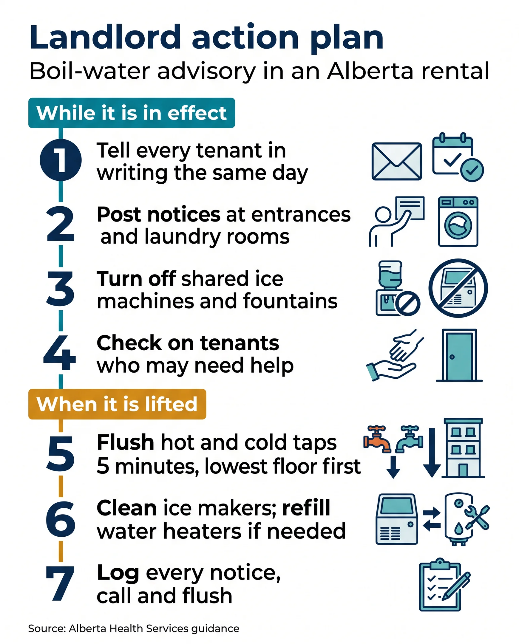 Landlord action plan infographic: tell tenants in writing the same day, post notices, turn off shared ice machines and fountains, check on tenants who need help; when lifted, flush taps five minutes from the lowest floor, clean ice makers, refill water heaters if needed and log everything