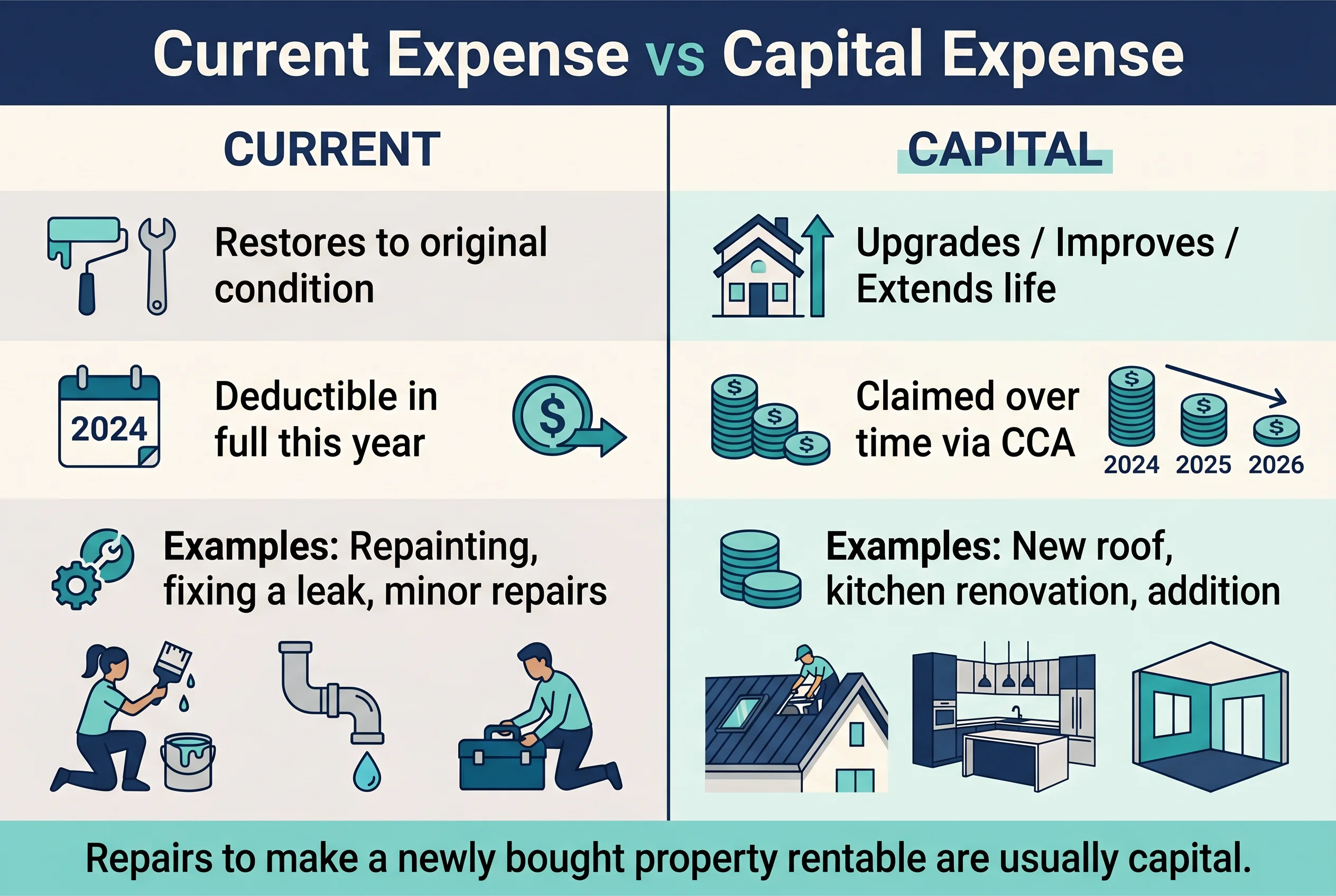 Current expense vs capital expense. Current: restores to original condition, deductible in full this year — repainting, fixing a leak, minor repairs. Capital: upgrades, improves, or extends life, claimed over time via CCA — new roof, kitchen renovation, addition. Repairs to make a newly bought property rentable are usually capital.