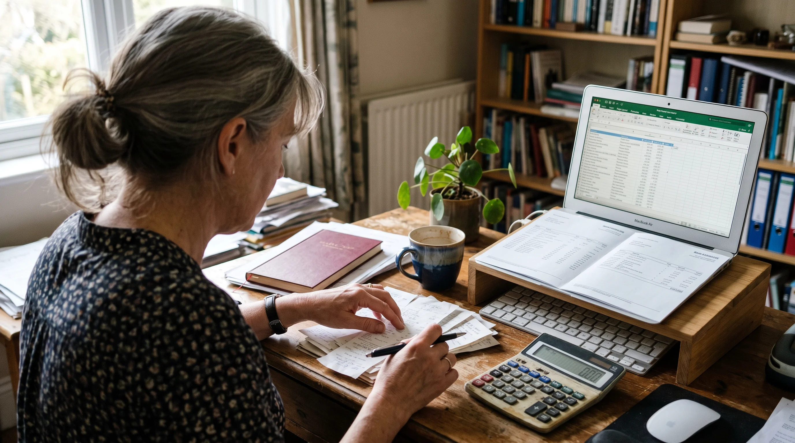 A landlord at a home-office desk doing rental bookkeeping — sorting paper receipts with a bank statement and a spreadsheet open on a laptop.