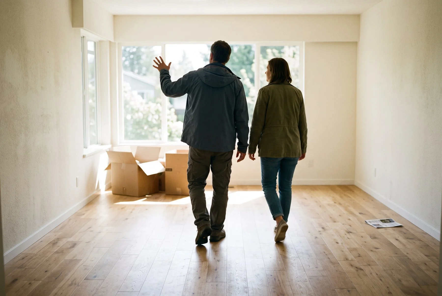 A couple walking into an empty apartment with moving boxes