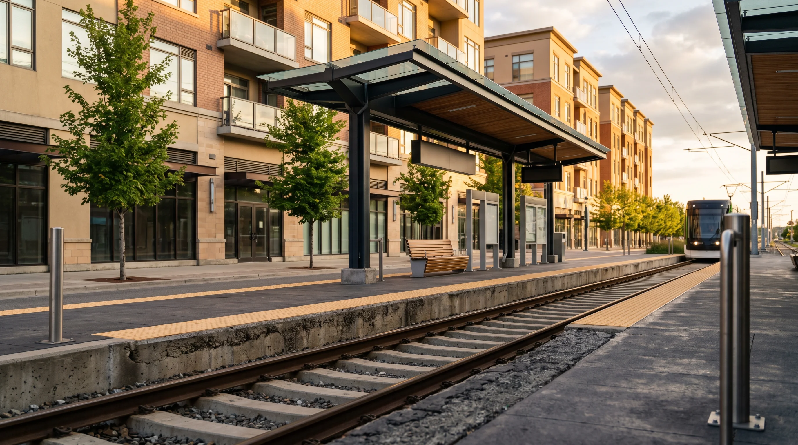A modern light-rail station platform with a sleek canopy and tracks, mid-rise mixed-use residential-over-retail buildings rising directly behind it