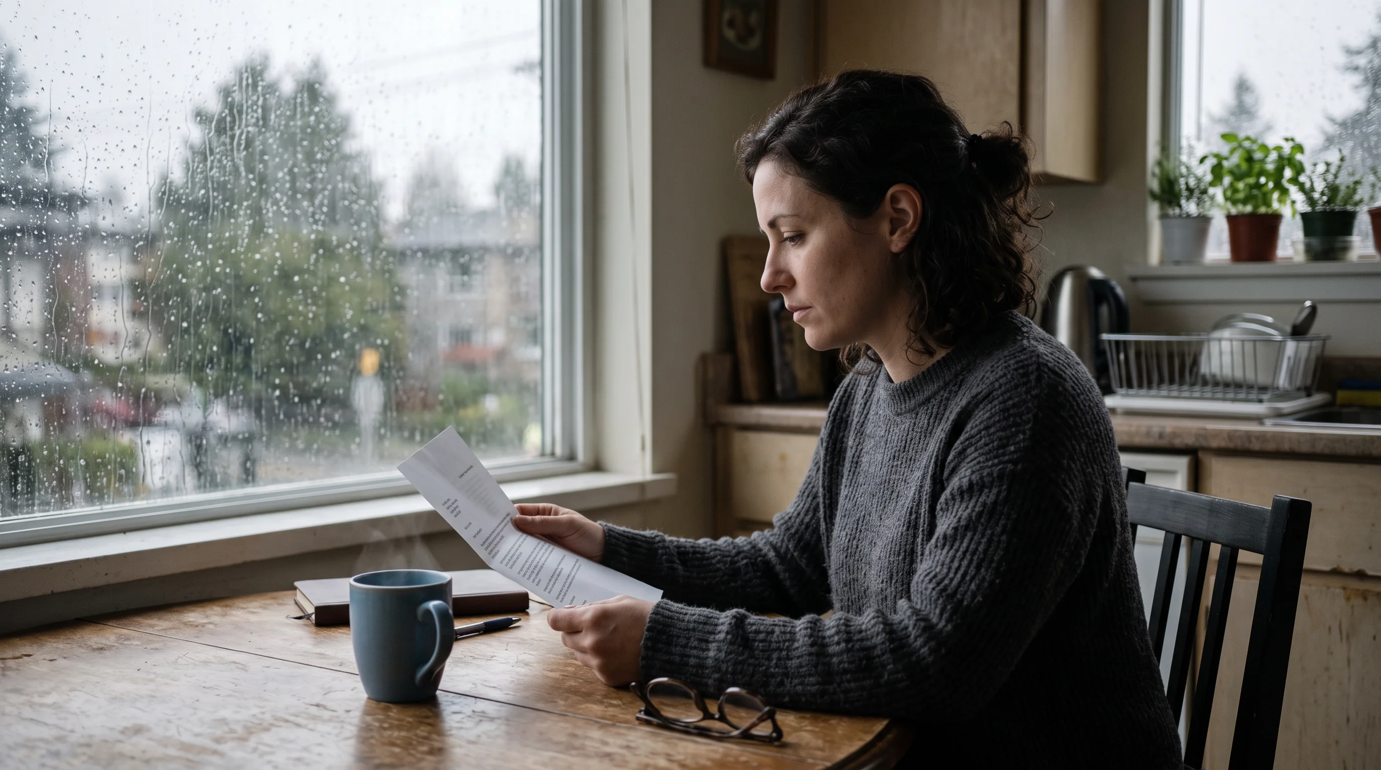 A tenant reads a letter at a kitchen table on a rainy day.