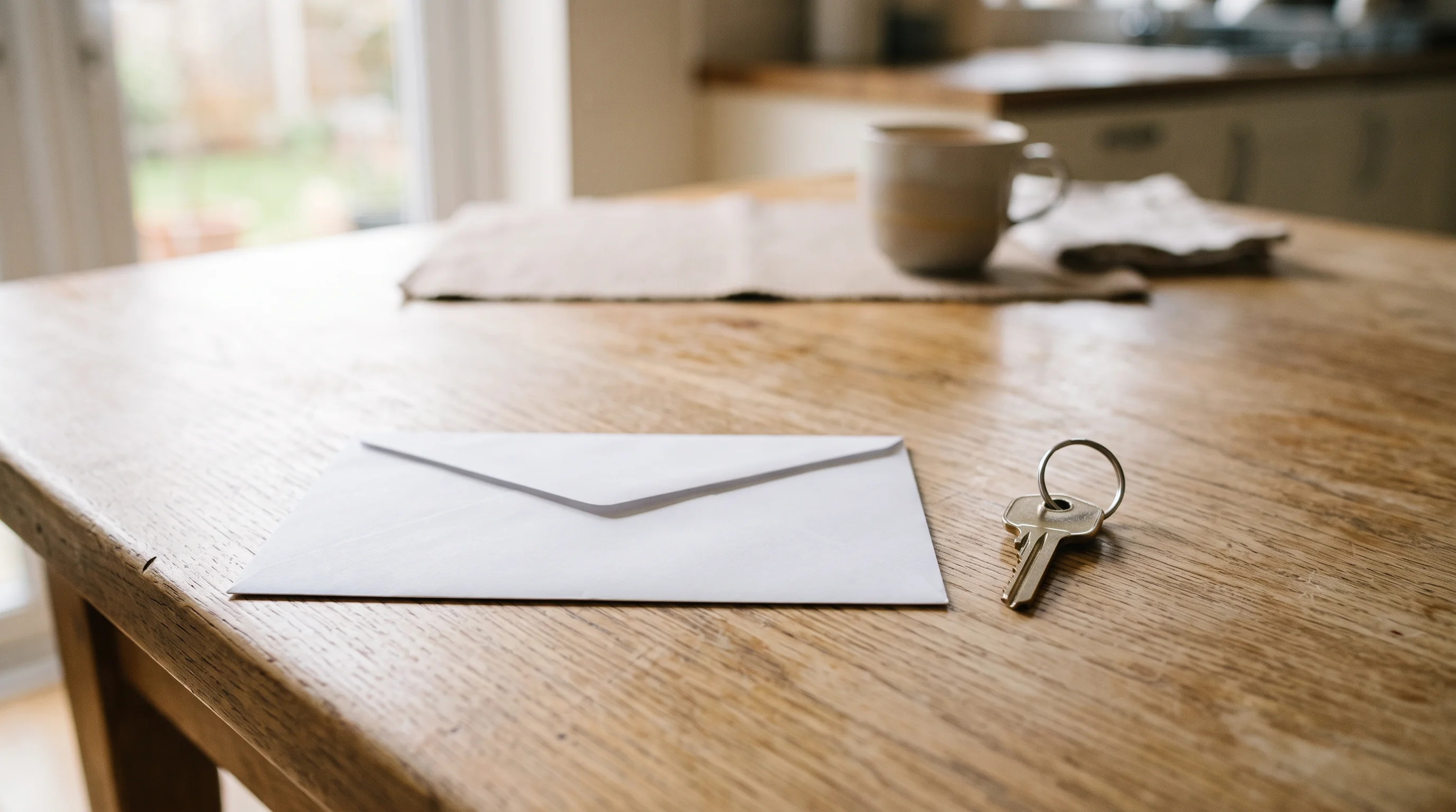 A blank white envelope and a housekey side by side on a clean kitchen table in soft morning light — the move-in money, at rest