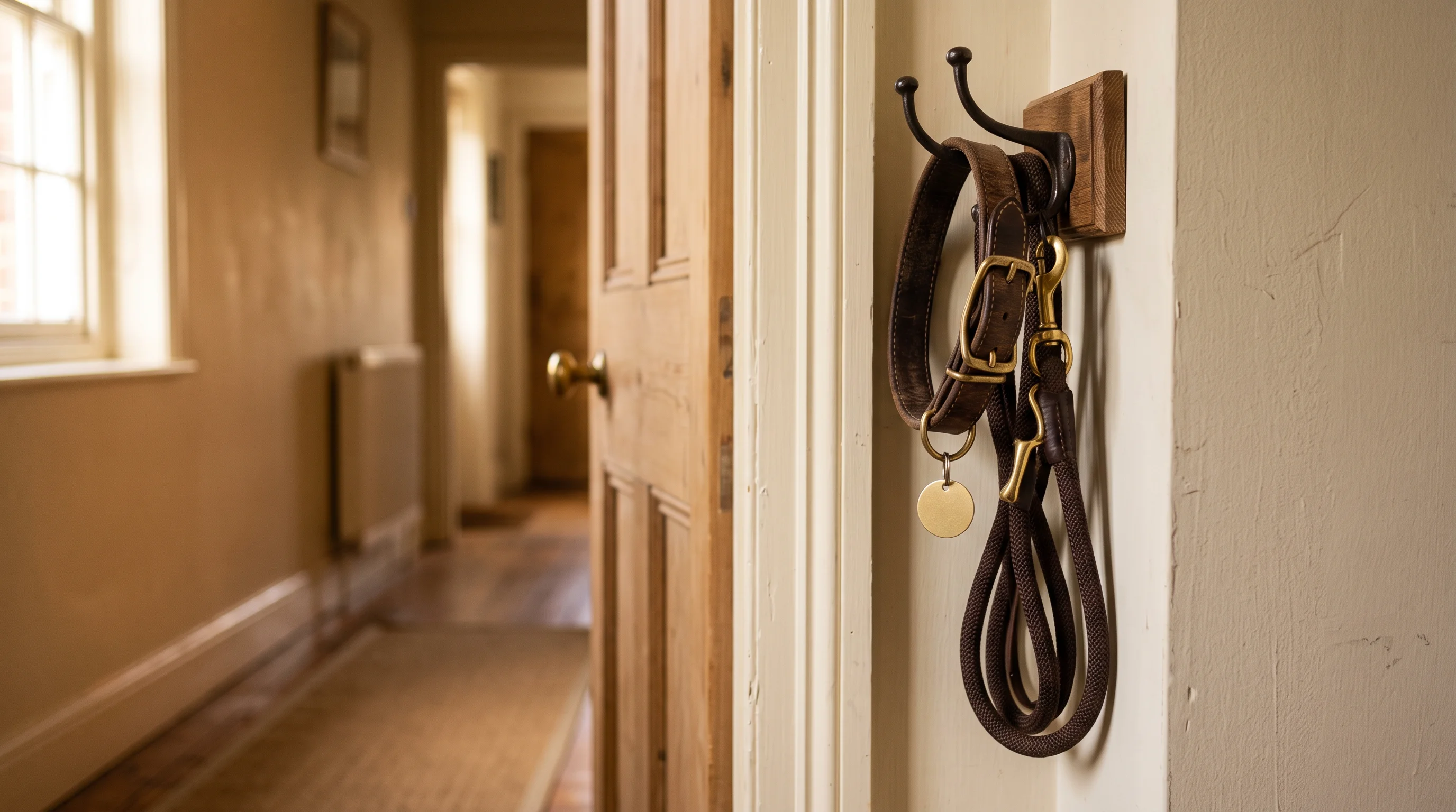 A dog lead and collar hung neatly on a wooden wall hook beside a door frame in warm side light — the pet's presence rendered as everyday objects