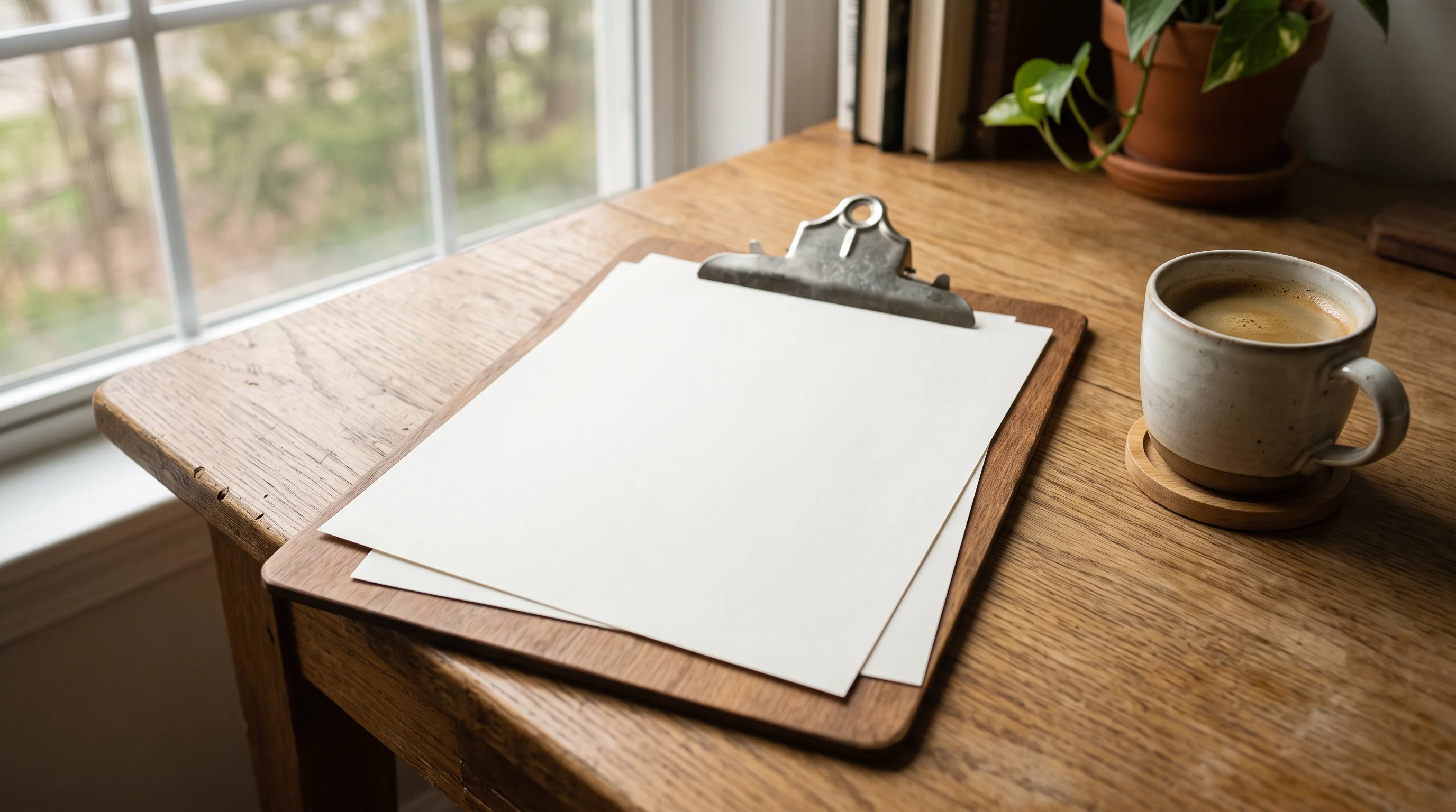 A completely blank rental application clipped to a wooden clipboard on a desk beside a cup of coffee, a second blank sheet tucked beneath the clip — the paperwork of a fair process, waiting