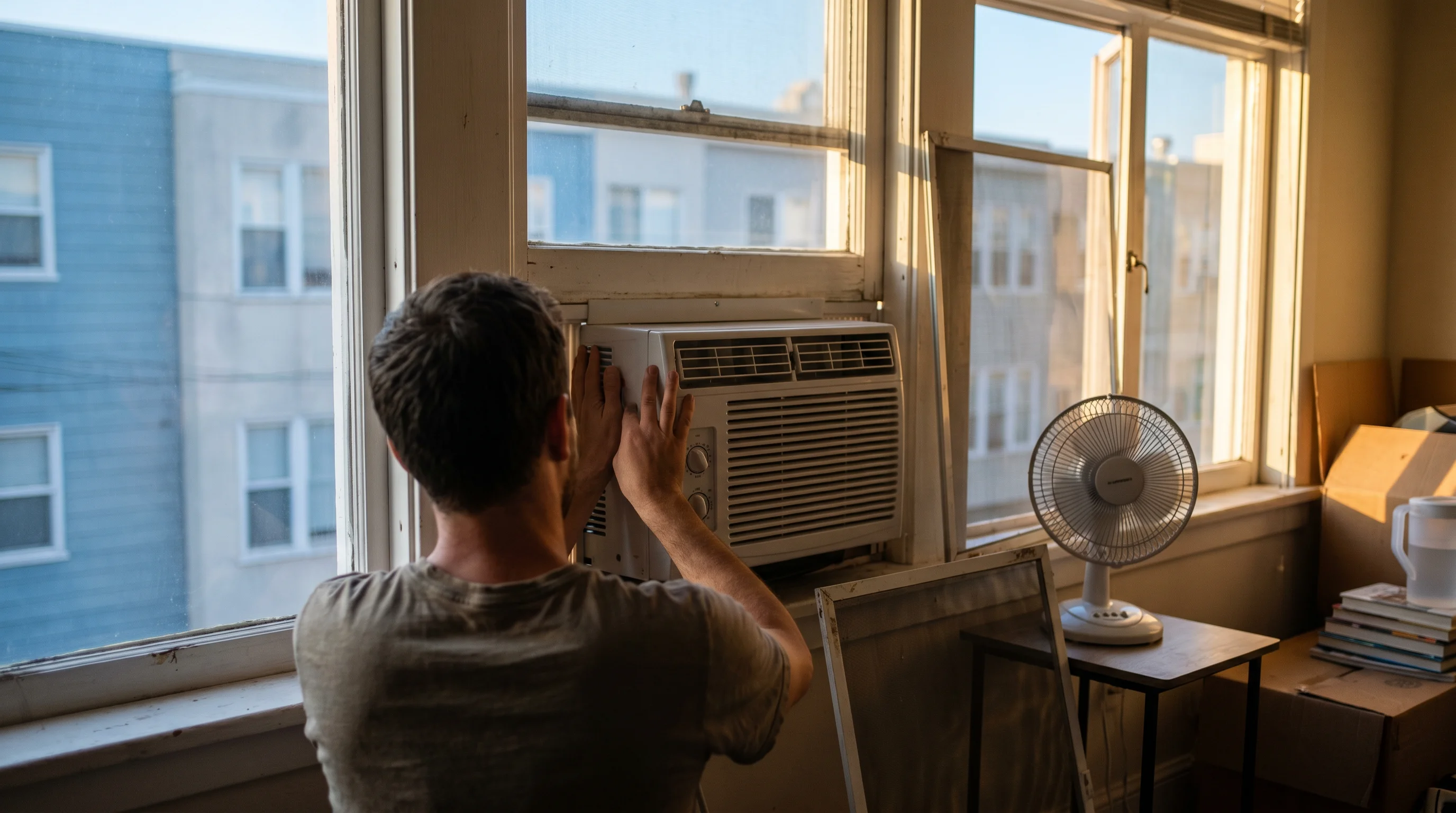 A tenant fitting a window air-conditioner unit into an apartment window on a hot summer day.