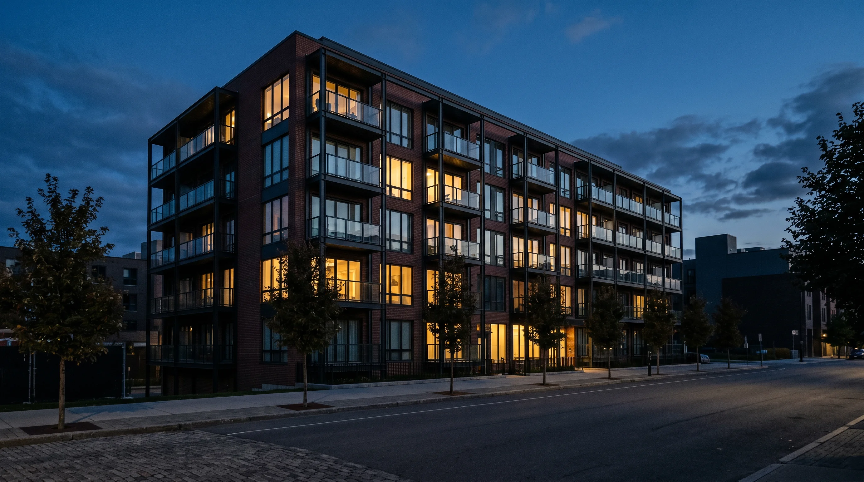 A modern purpose-built rental building at dusk — the physical asset behind every cap rate
