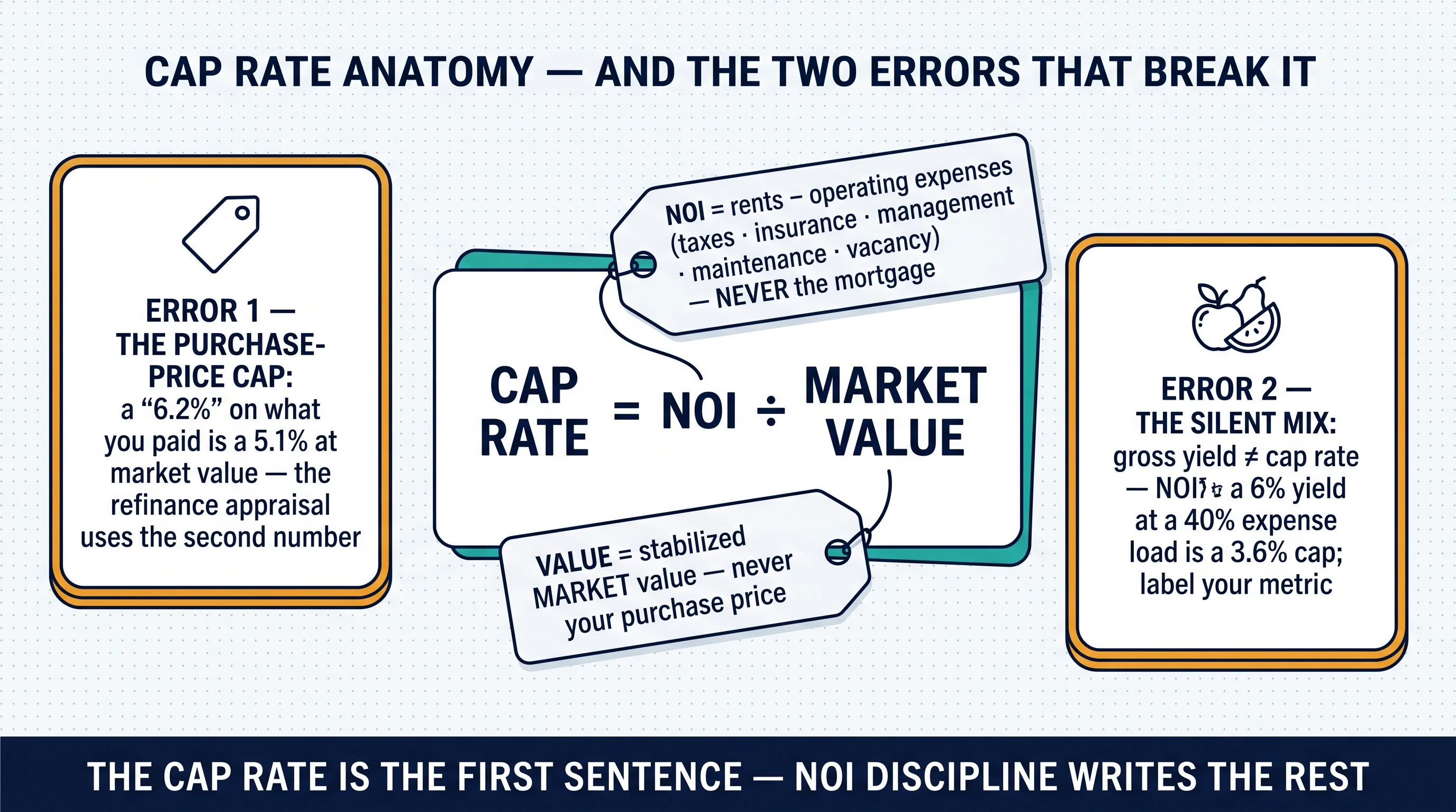 Cap rate anatomy: NOI divided by market value — with the two errors that break it, the purchase-price cap and the silent gross-yield mix