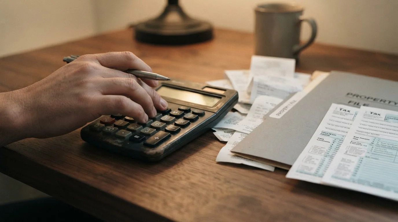 A candid documentary-style photo — no text, no logo. Shot on a Canon EOS R6 35mm f/1.8: a hand using a calculator beside a small stack of receipts and a property file on a desk, or signing/reviewing tax paperwork, in warm natural light. Framed on hands and desk only — no face, no readable numbers or personal data. Authentic textures, subtle grain, shallow depth of field, true-to-life muted colour, non-white background. 16:9.