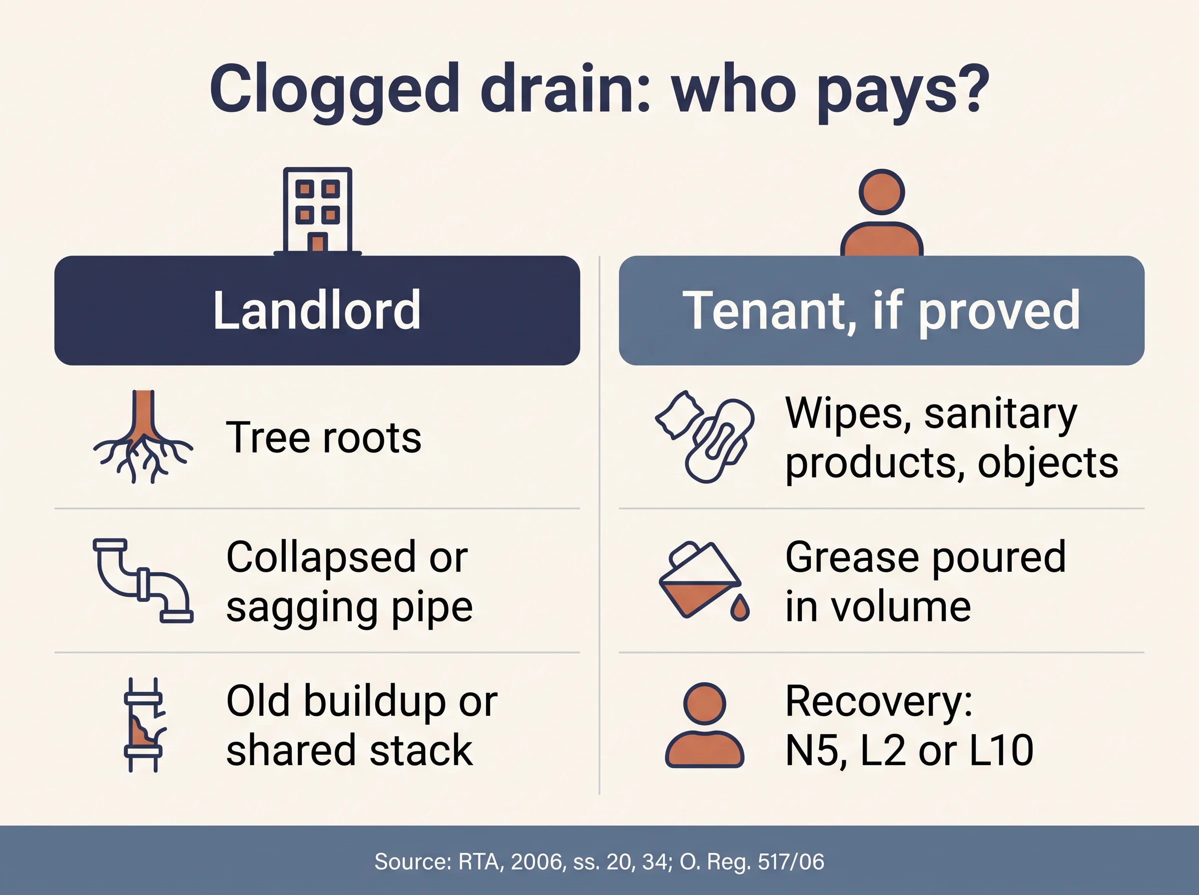 Comparison: landlord pays for roots and old pipes; tenant pays only for proven misuse.