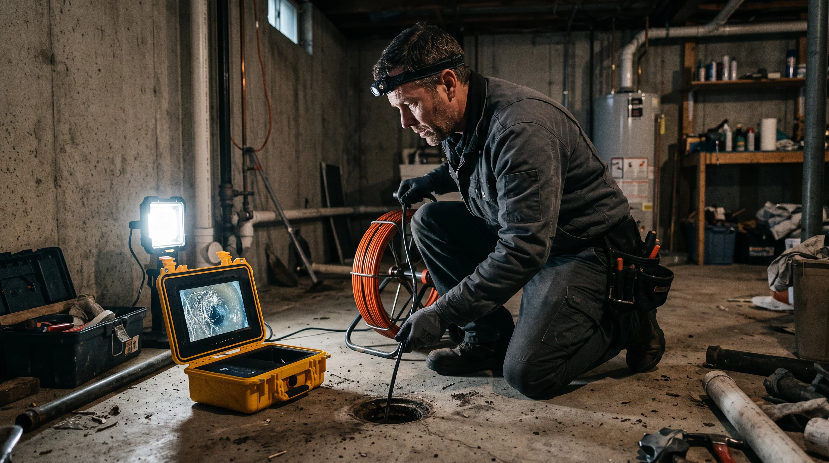 A plumber feeds an inspection camera into a basement floor drain while watching a monitor.