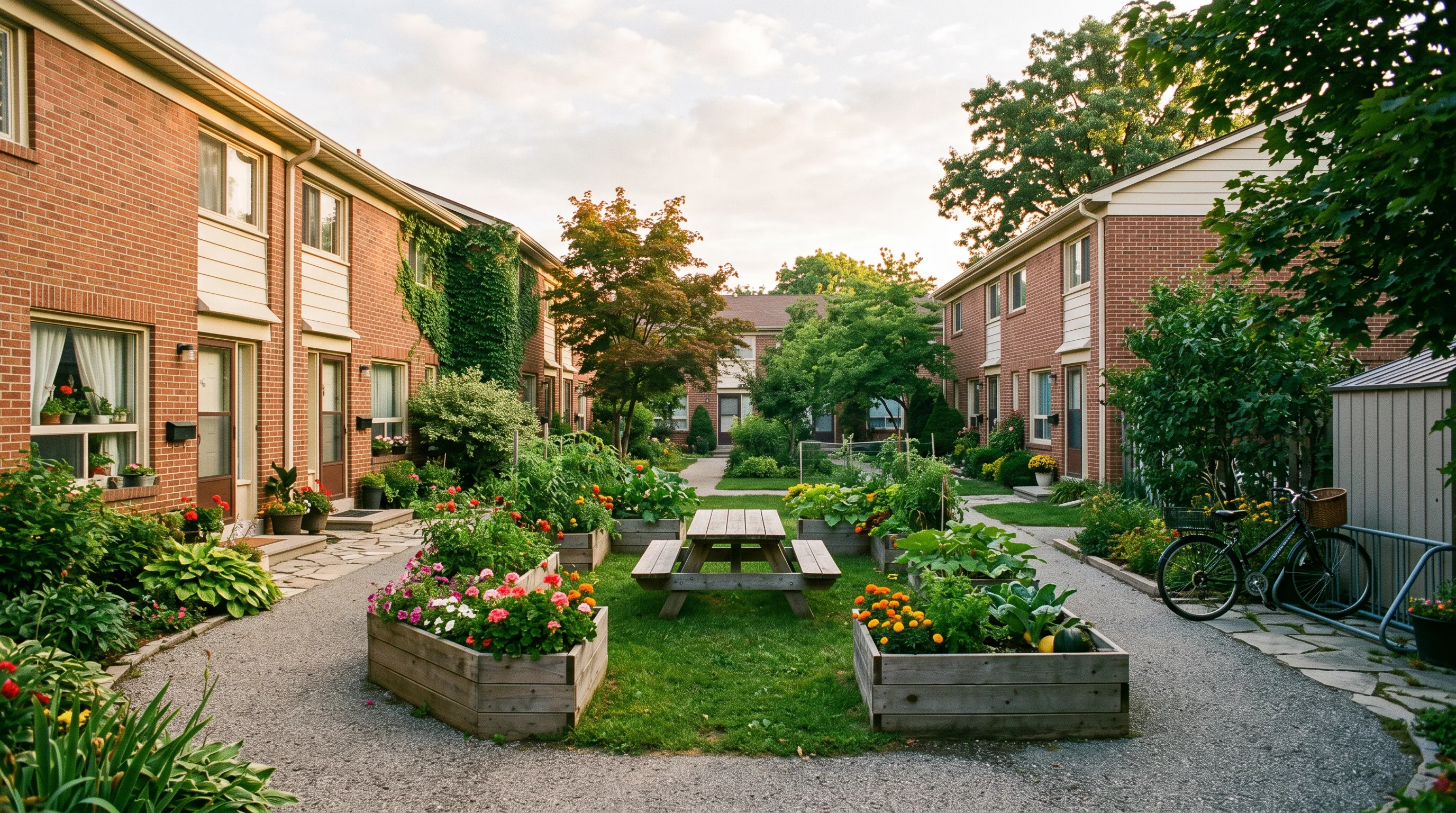 A shared courtyard between low-rise co-op townhomes with tended planters, a picnic table and walkways — communal stewardship cared for by many hands