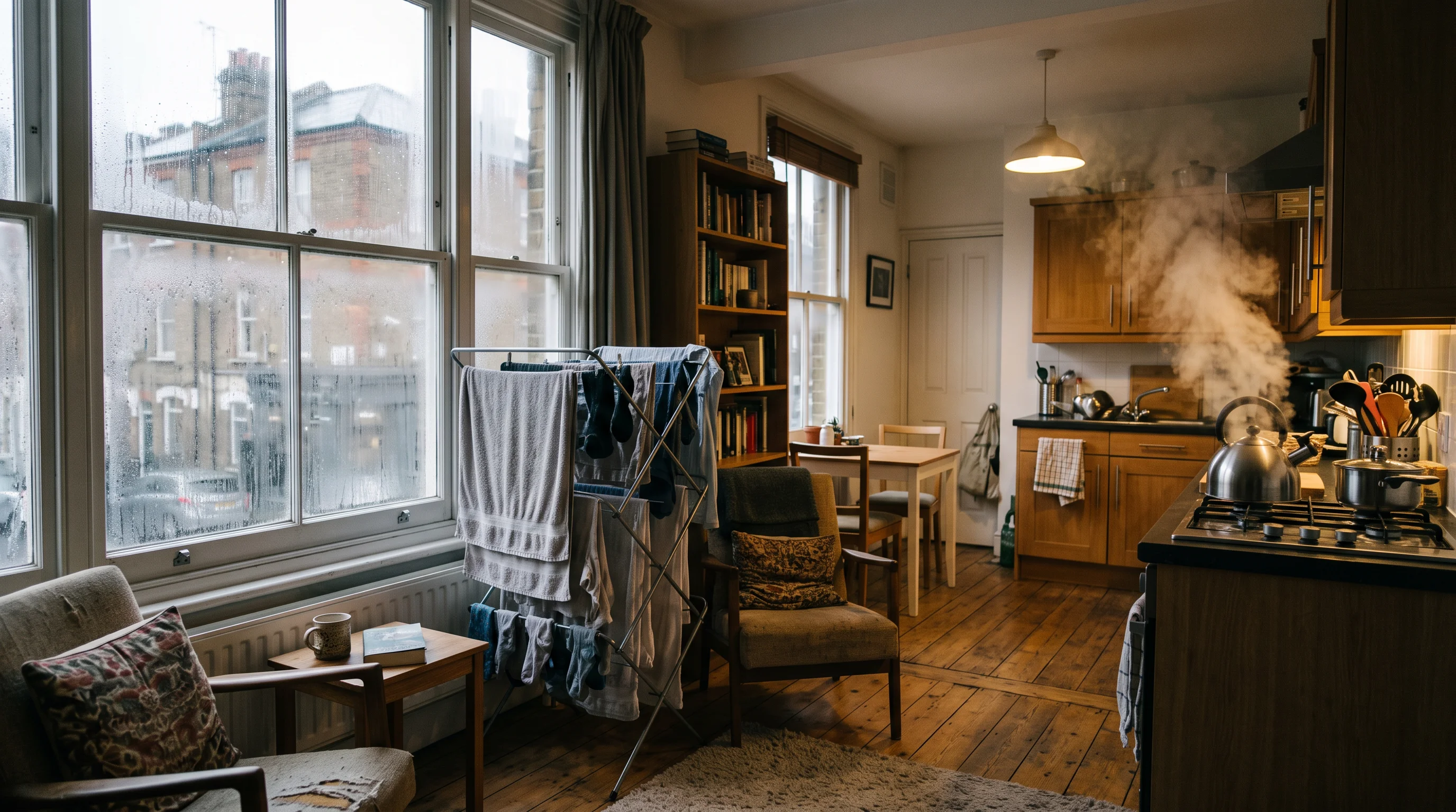 Laundry dries on a rack near a fogged window while a kettle steams in a small apartment.