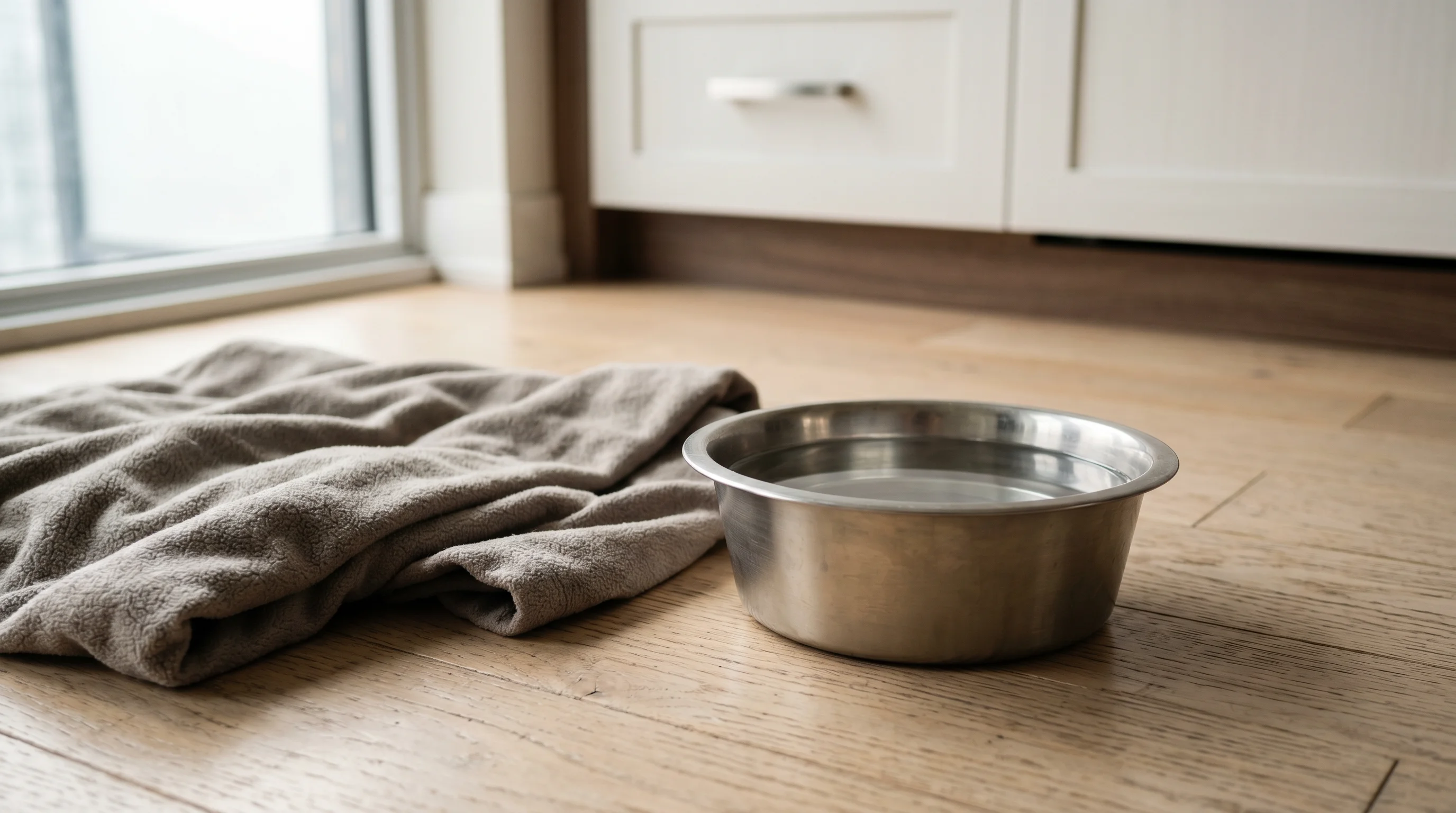 A full stainless steel water bowl on a pale kitchen floor beside a soft folded blanket in an ordinary tidy Toronto condo, lit by soft daylight from off frame. Nobody in the room.