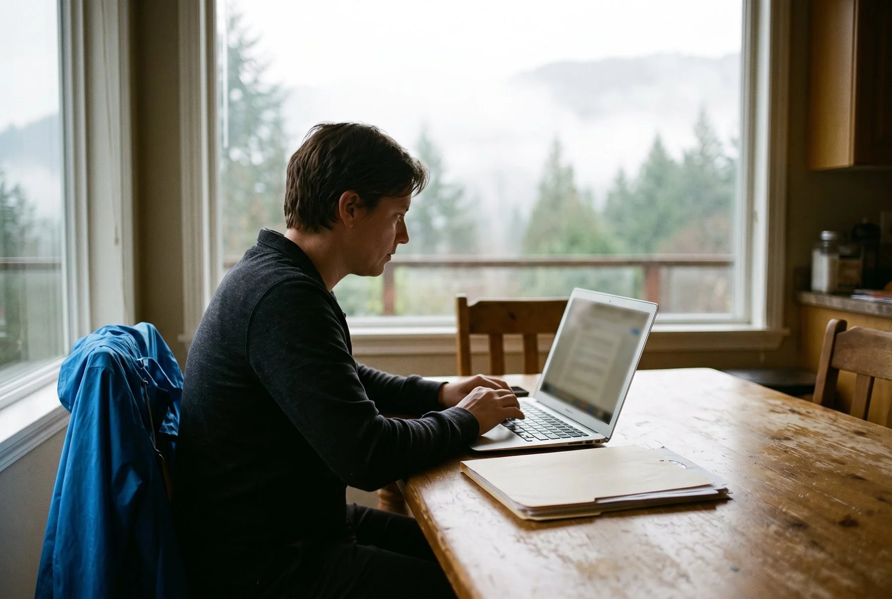 A person at a kitchen table filing an application on a laptop, a folder of papers beside them, on a foggy BC morning
