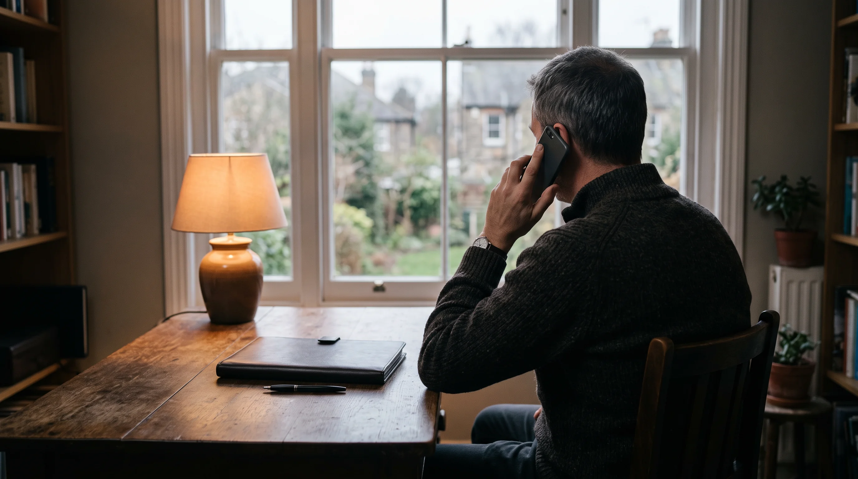 A landlord at a home desk calls a pest control provider, a closed folder and pen beside him.